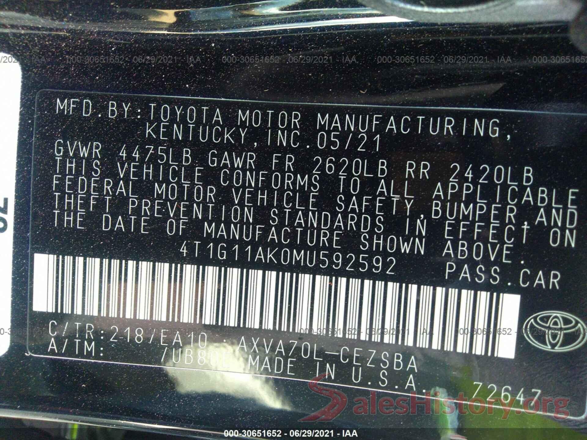 4T1G11AK0MU592592 2021 TOYOTA CAMRY