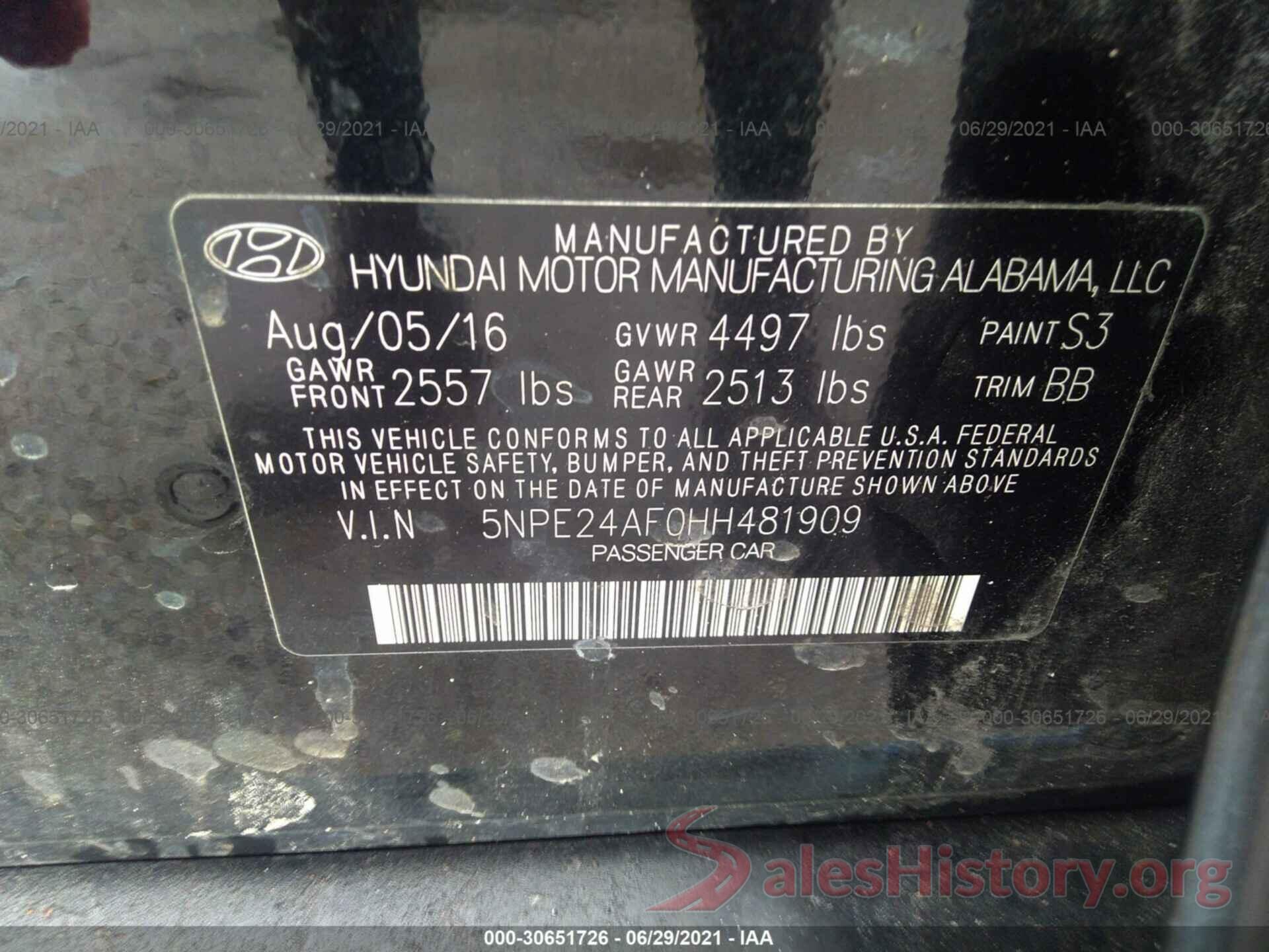 5NPE24AF0HH481909 2017 HYUNDAI SONATA