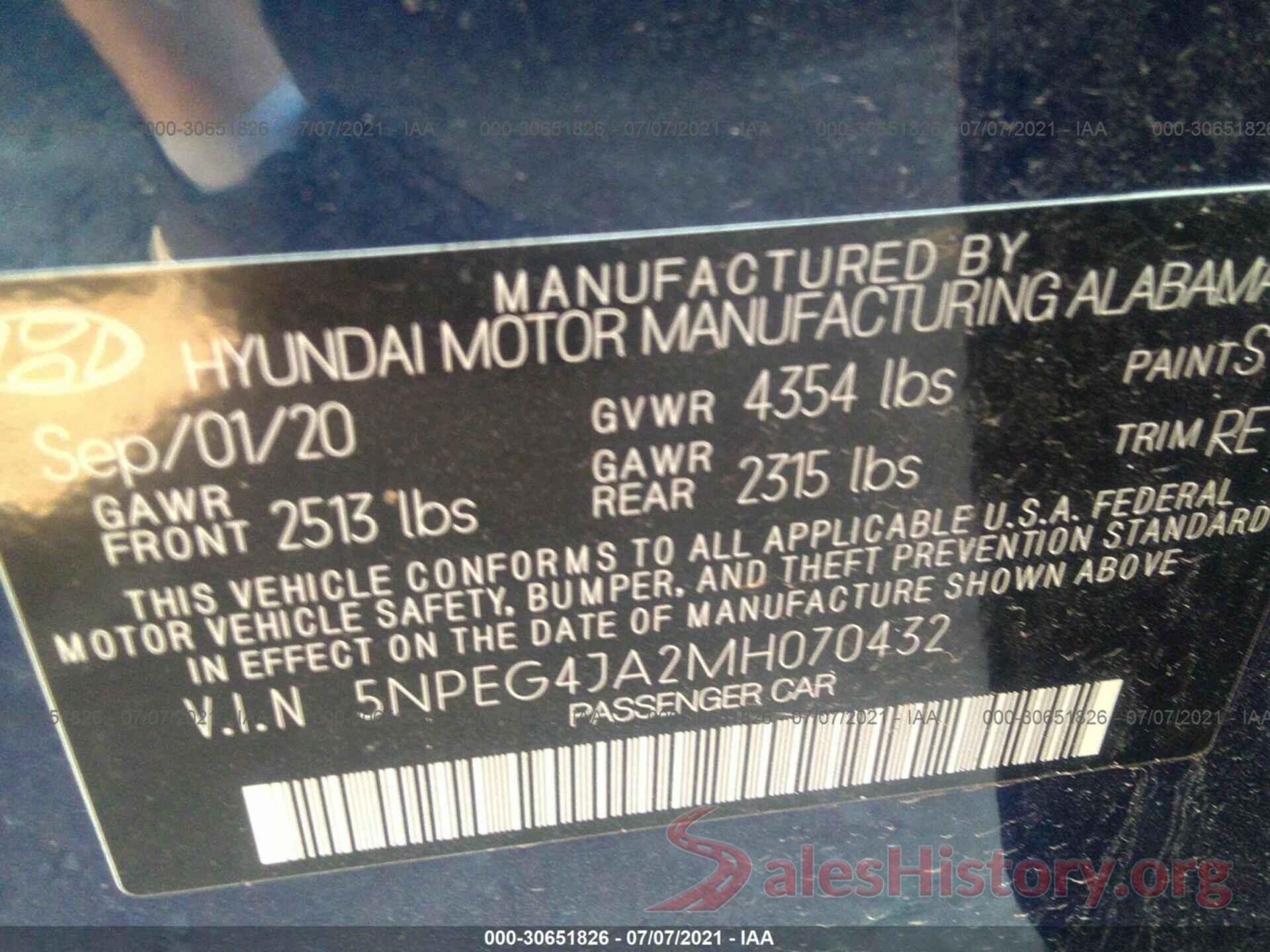 5NPEG4JA2MH070432 2021 HYUNDAI SONATA