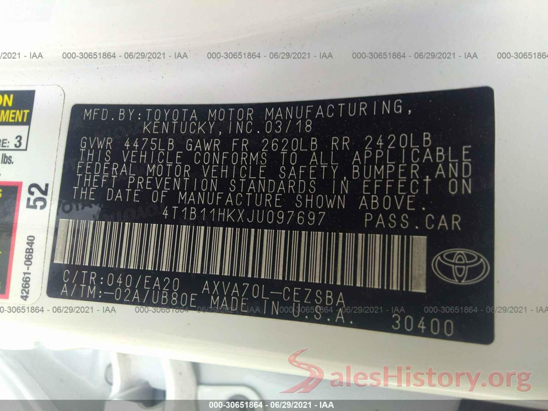 4T1B11HKXJU097697 2018 TOYOTA CAMRY