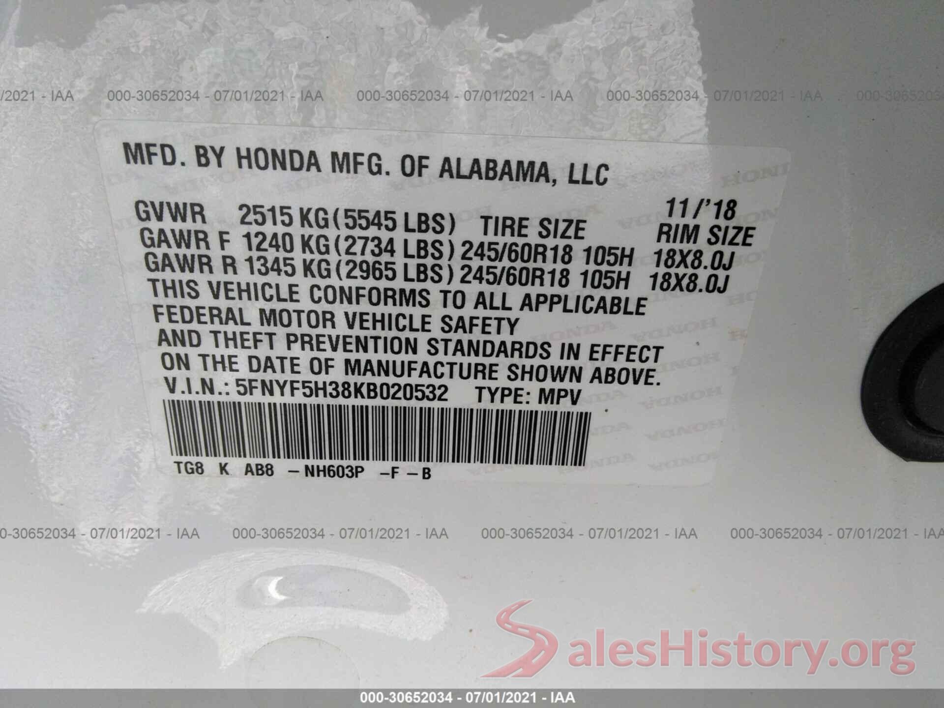 5FNYF5H38KB020532 2019 HONDA PILOT