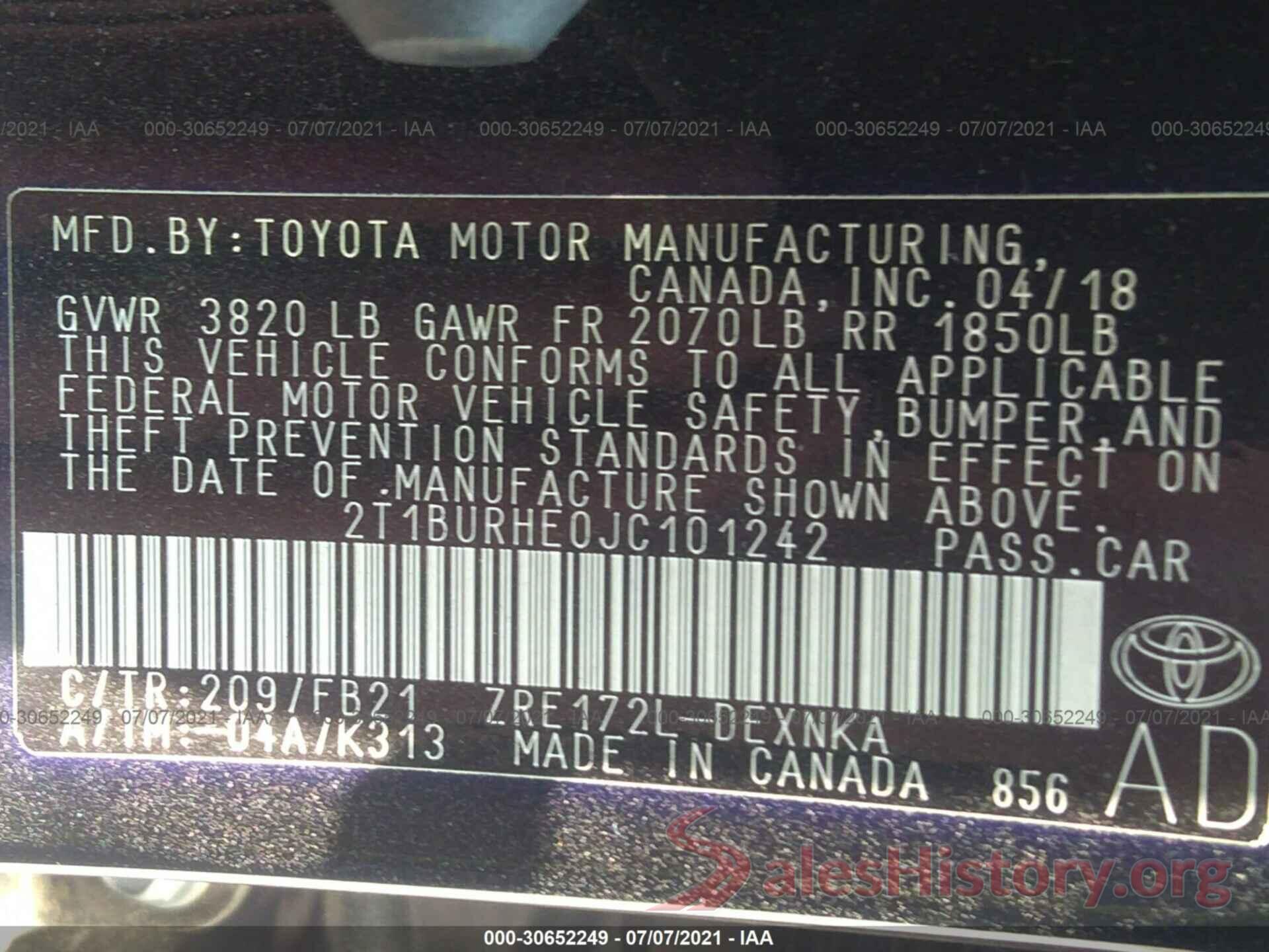 2T1BURHE0JC101242 2018 TOYOTA COROLLA