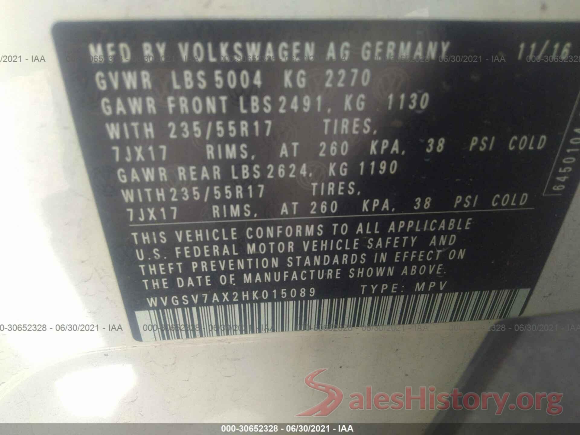 WVGSV7AX2HK015089 2017 VOLKSWAGEN TIGUAN