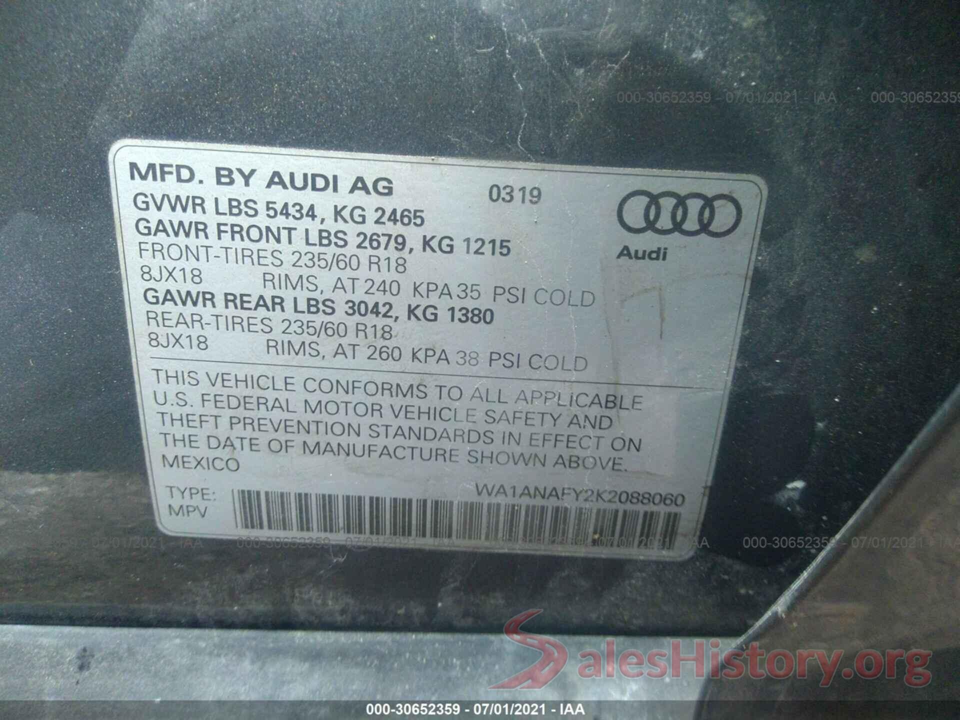 WA1ANAFY2K2088060 2019 AUDI Q5