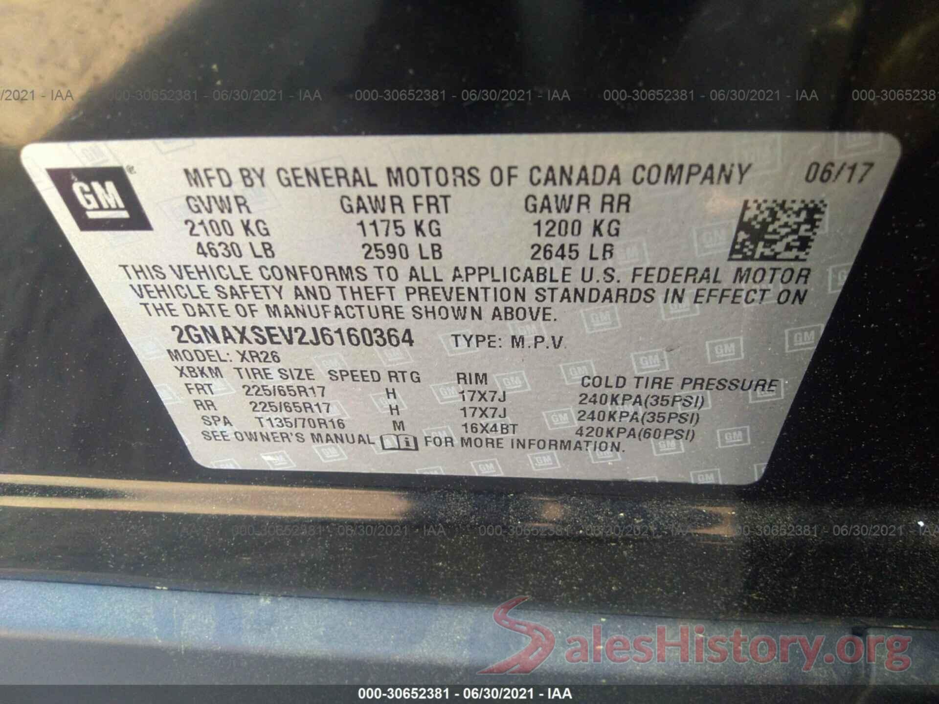 2GNAXSEV2J6160364 2018 CHEVROLET EQUINOX