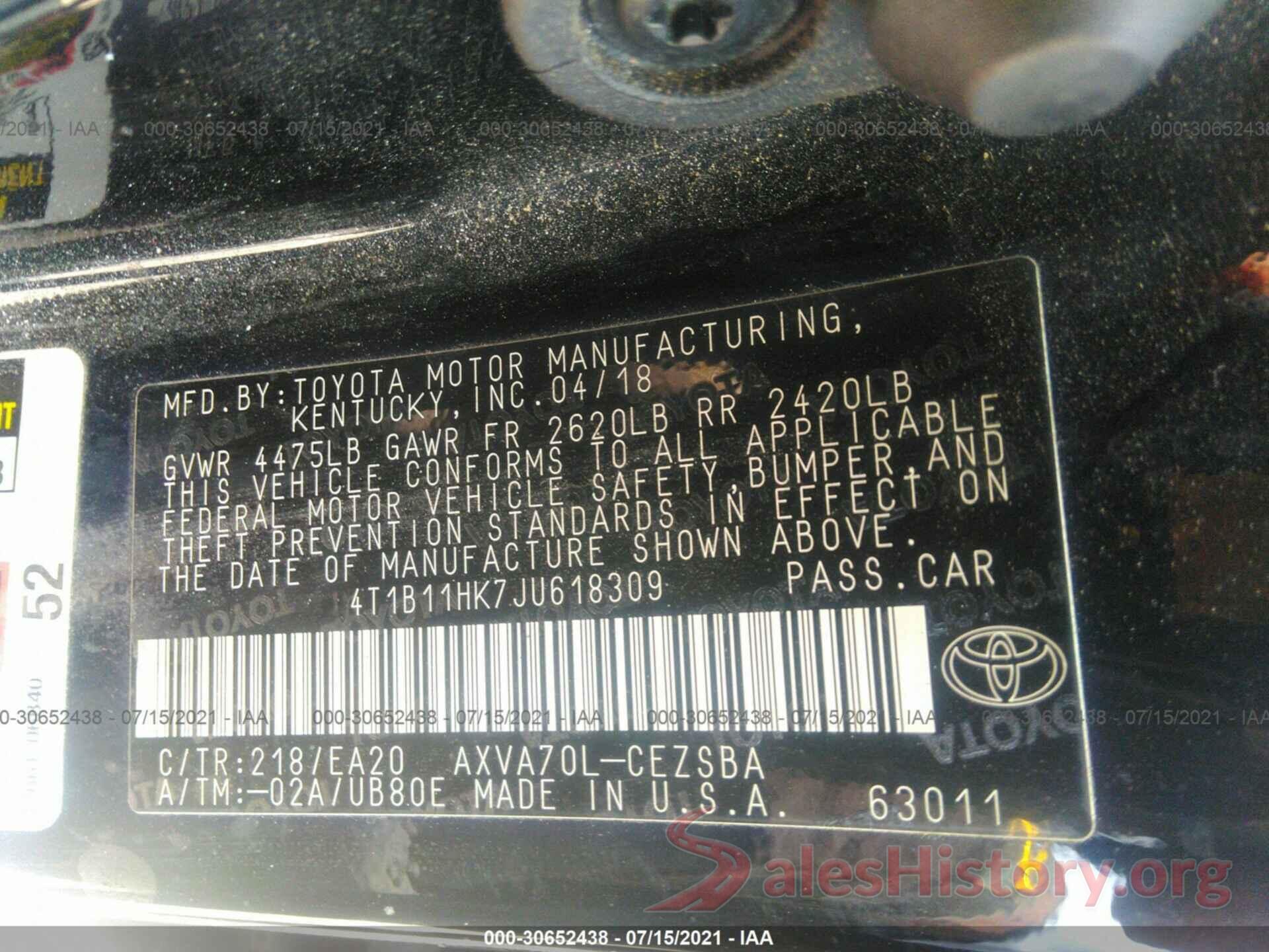 4T1B11HK7JU618309 2018 TOYOTA CAMRY