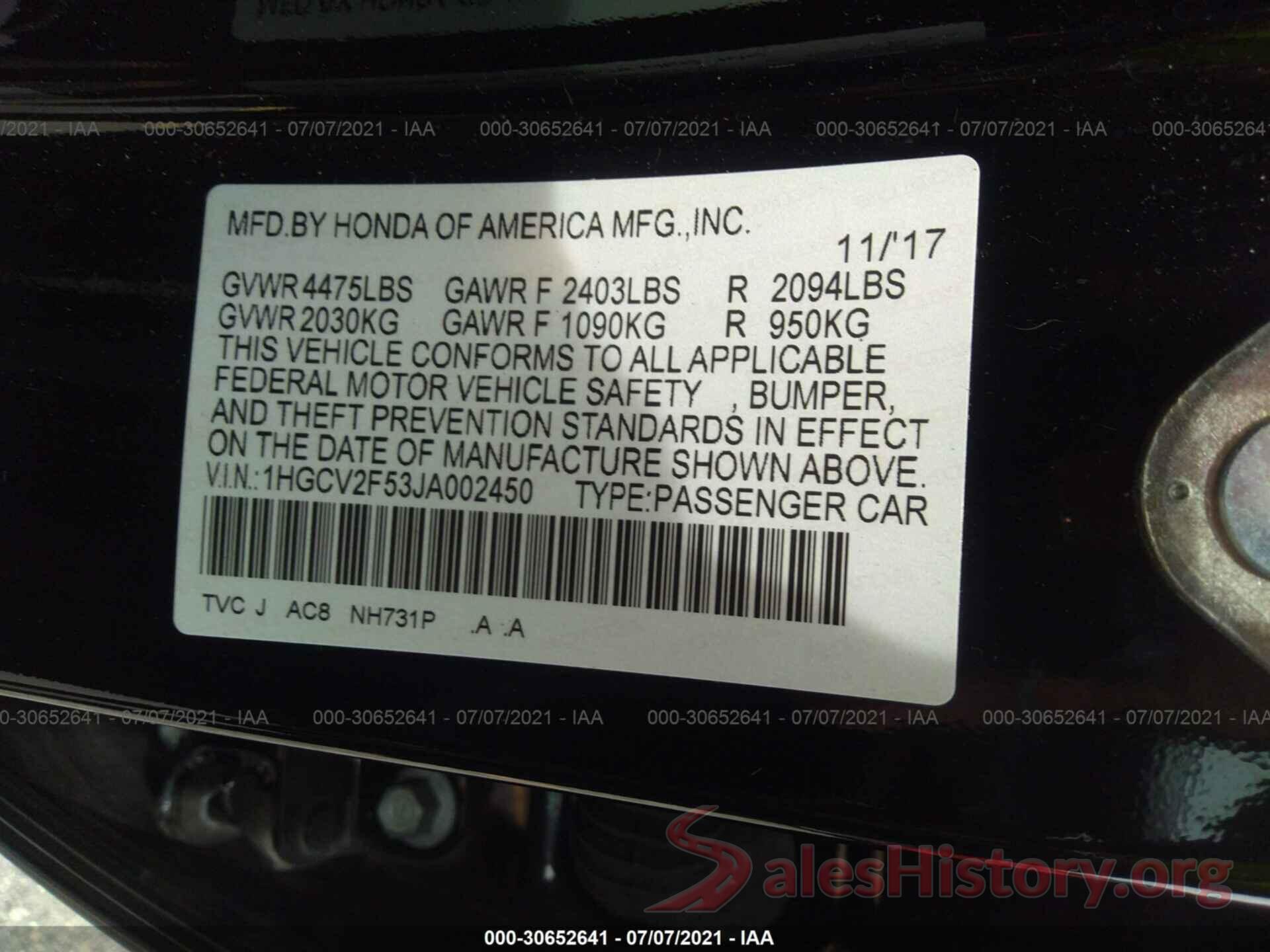 1HGCV2F53JA002450 2018 HONDA ACCORD SEDAN