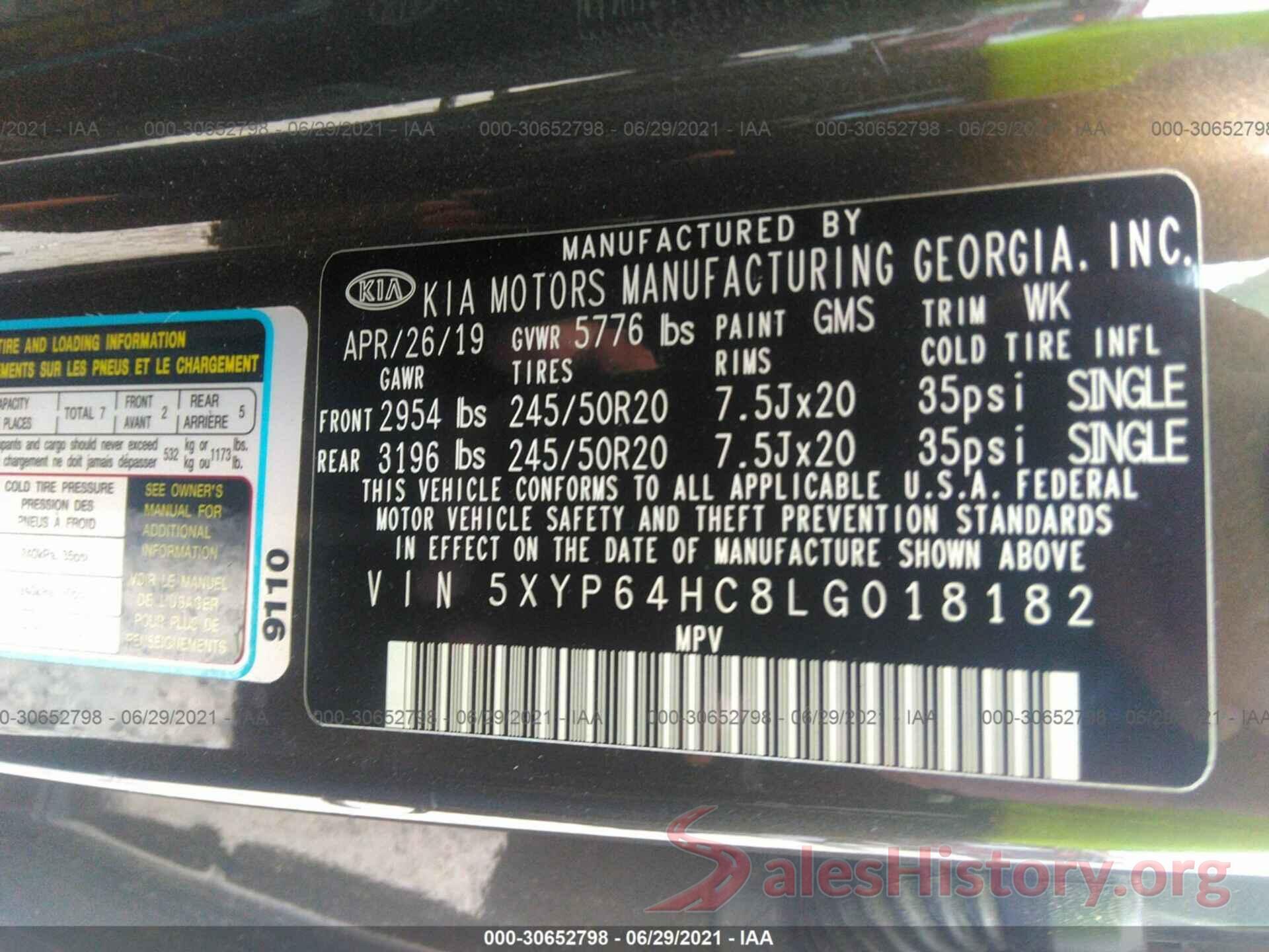 5XYP64HC8LG018182 2020 KIA TELLURIDE