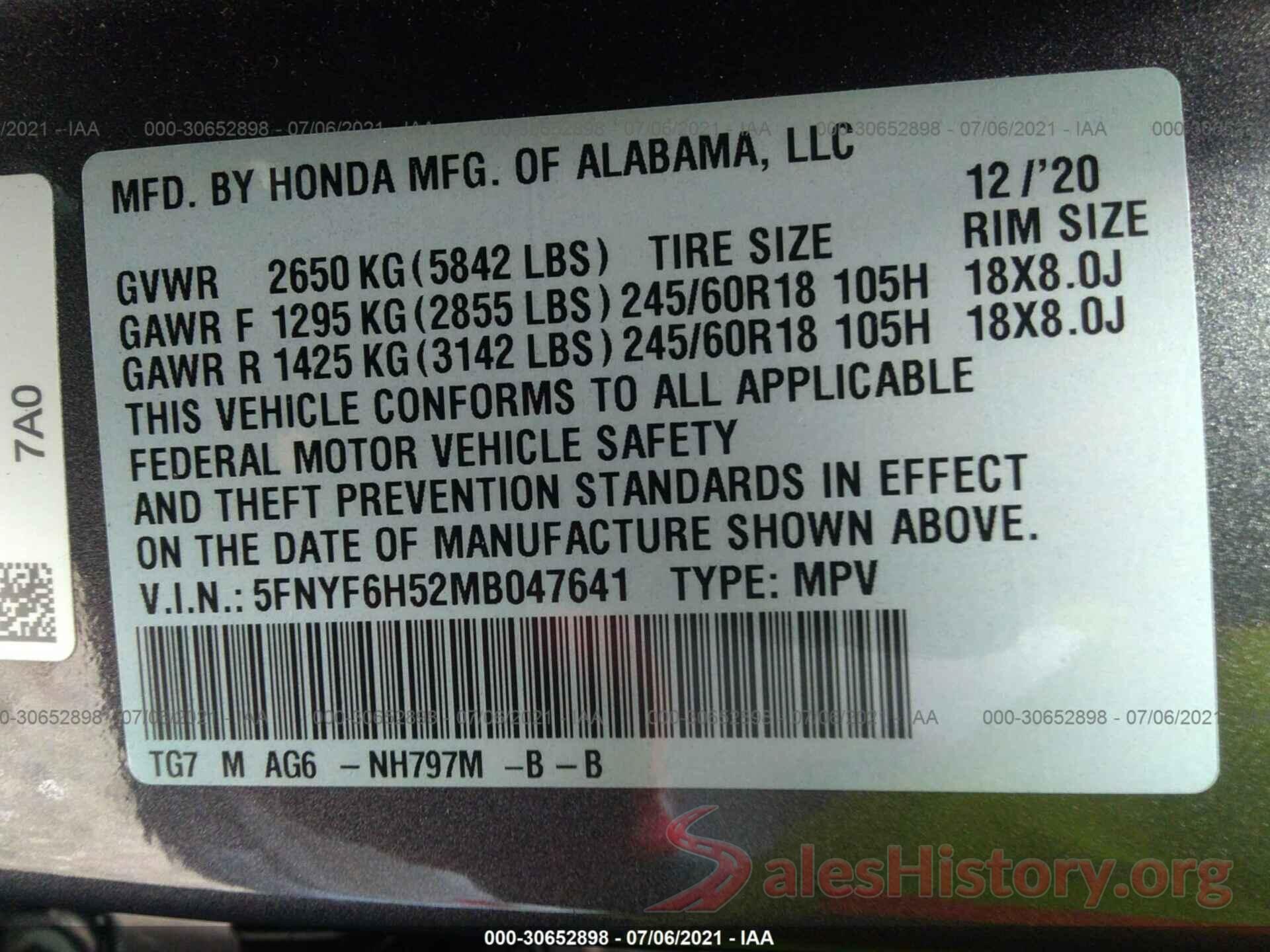 5FNYF6H52MB047641 2021 HONDA PILOT