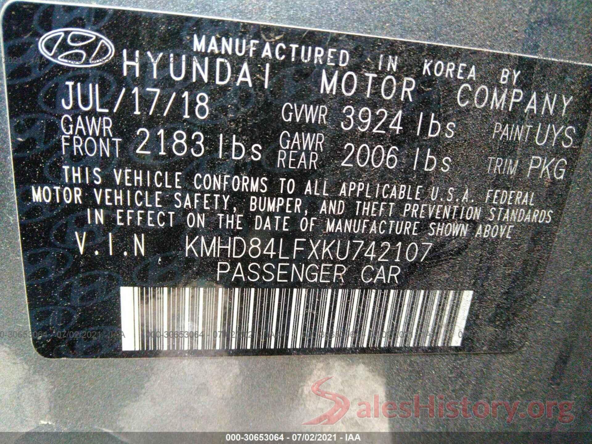 KMHD84LFXKU742107 2019 HYUNDAI ELANTRA