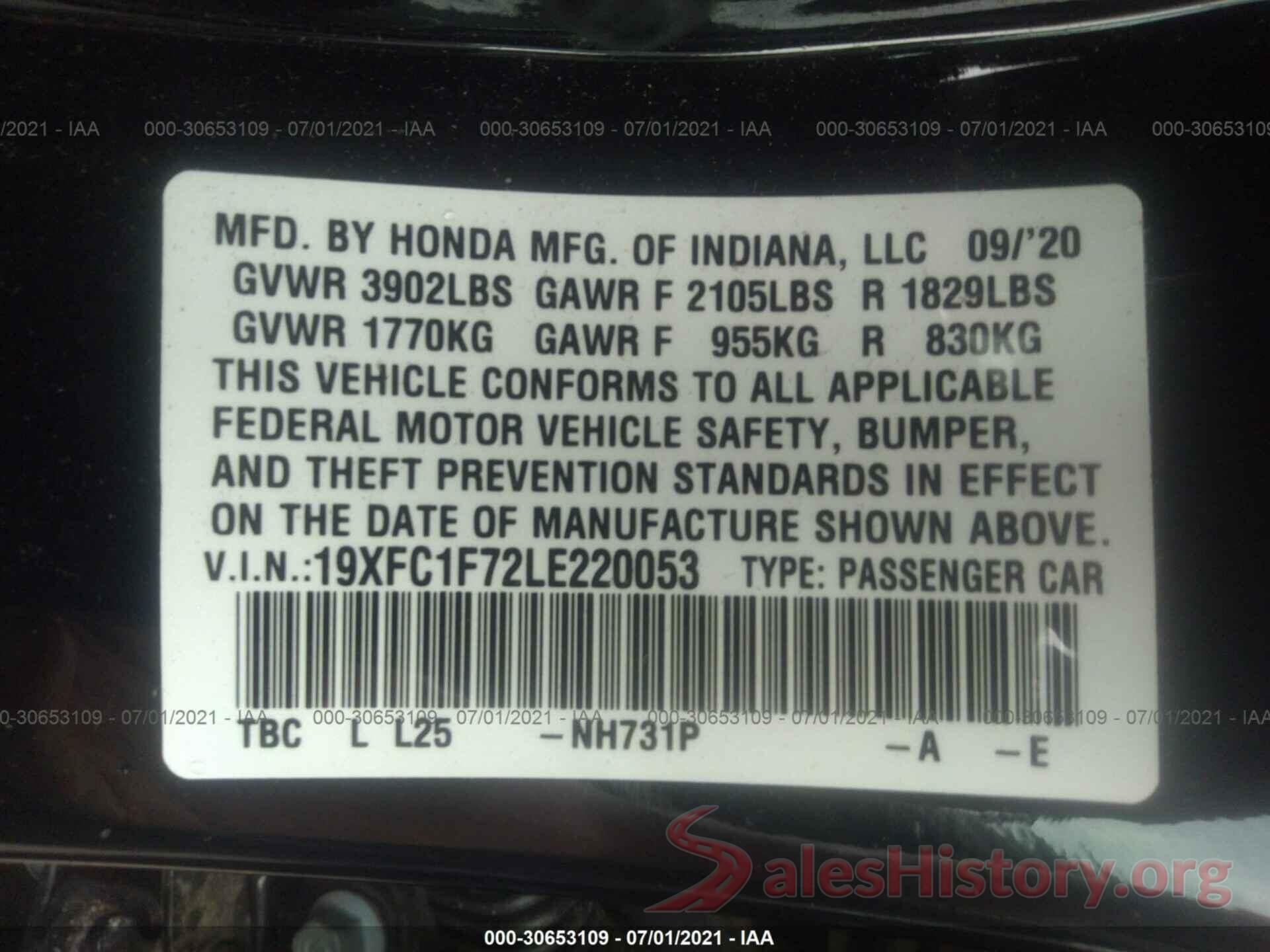 19XFC1F72LE220053 2020 HONDA CIVIC SEDAN