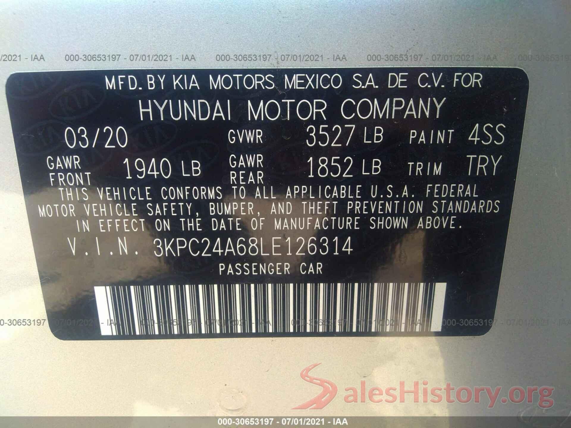 3KPC24A68LE126314 2020 HYUNDAI ACCENT