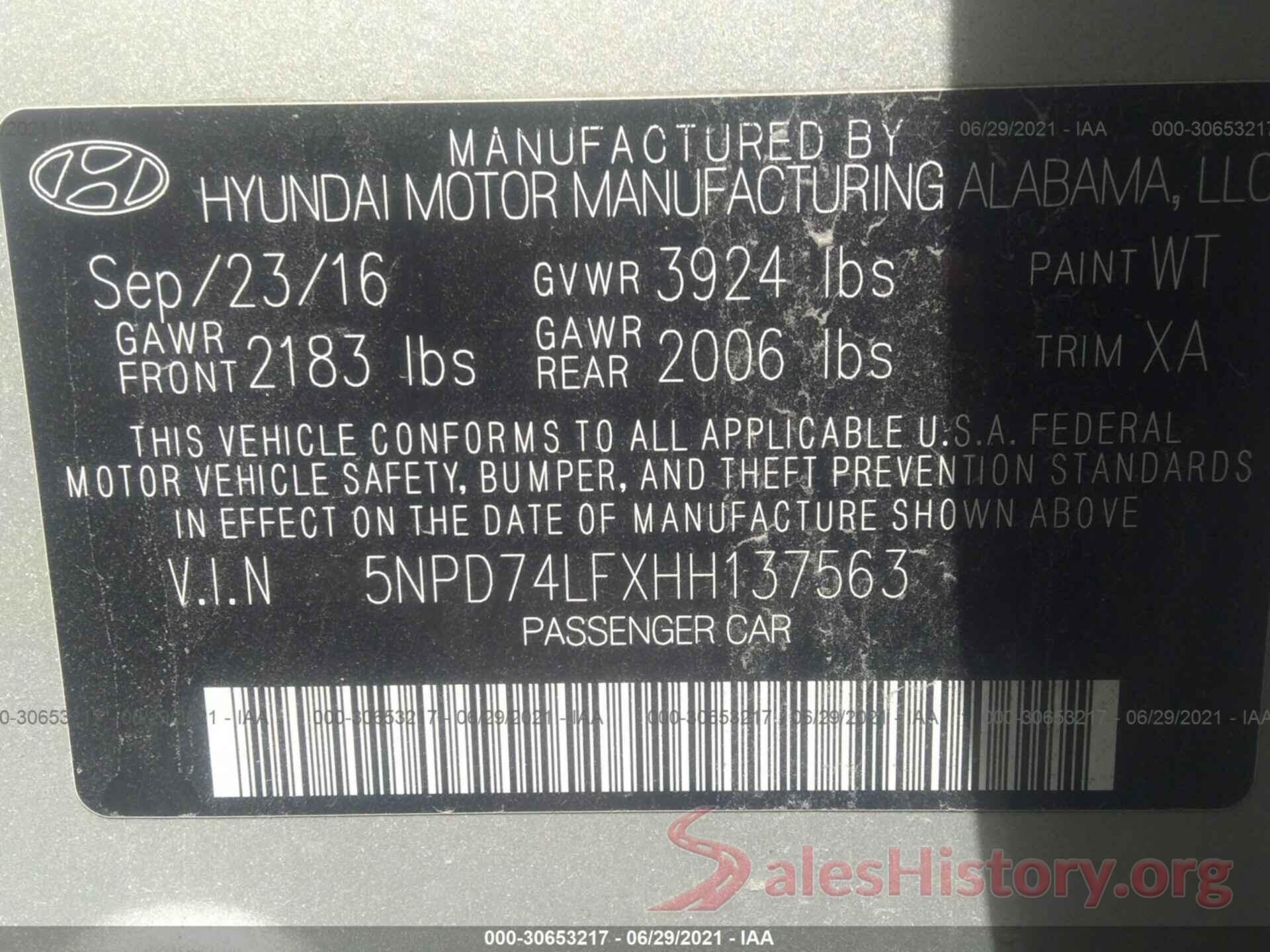 5NPD74LFXHH137563 2017 HYUNDAI ELANTRA