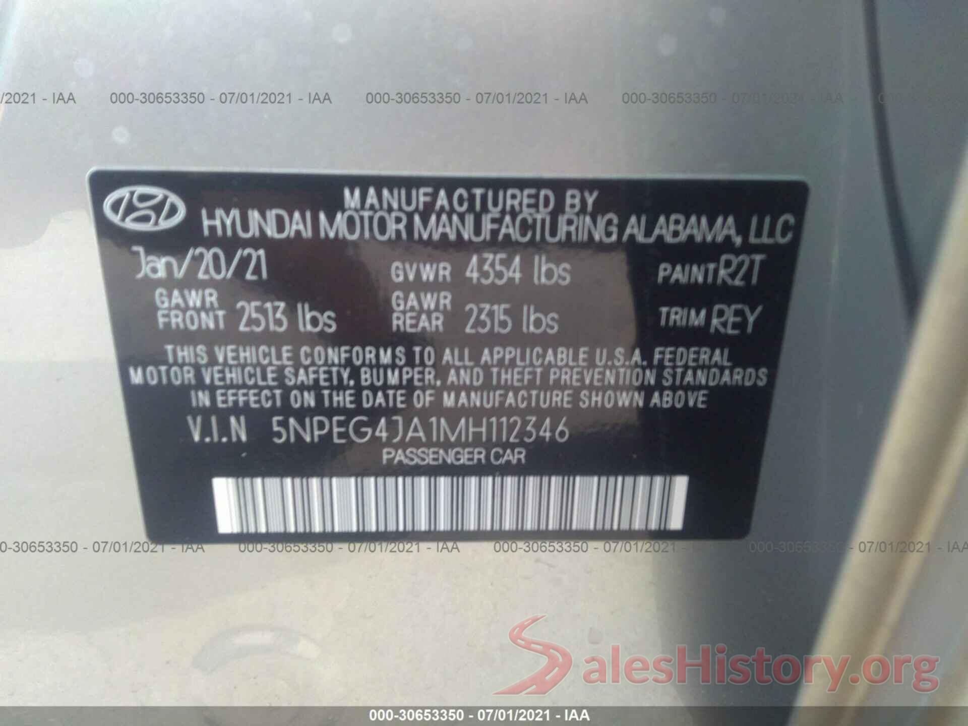 5NPEG4JA1MH112346 2021 HYUNDAI SONATA