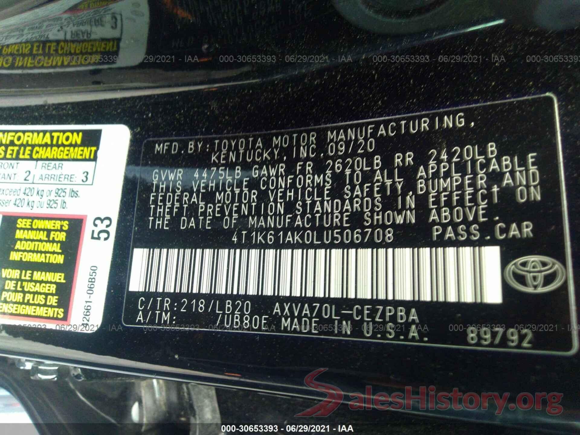 4T1K61AK0LU506708 2020 TOYOTA CAMRY