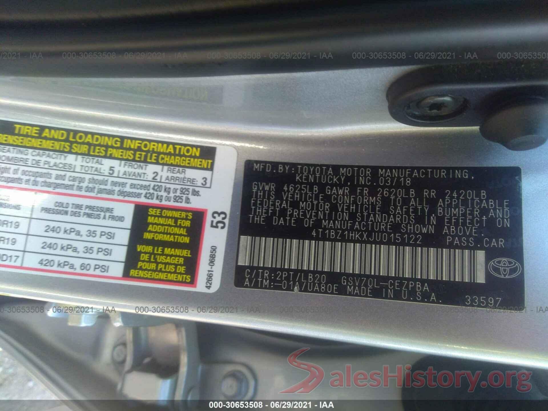 4T1BZ1HKXJU015122 2018 TOYOTA CAMRY