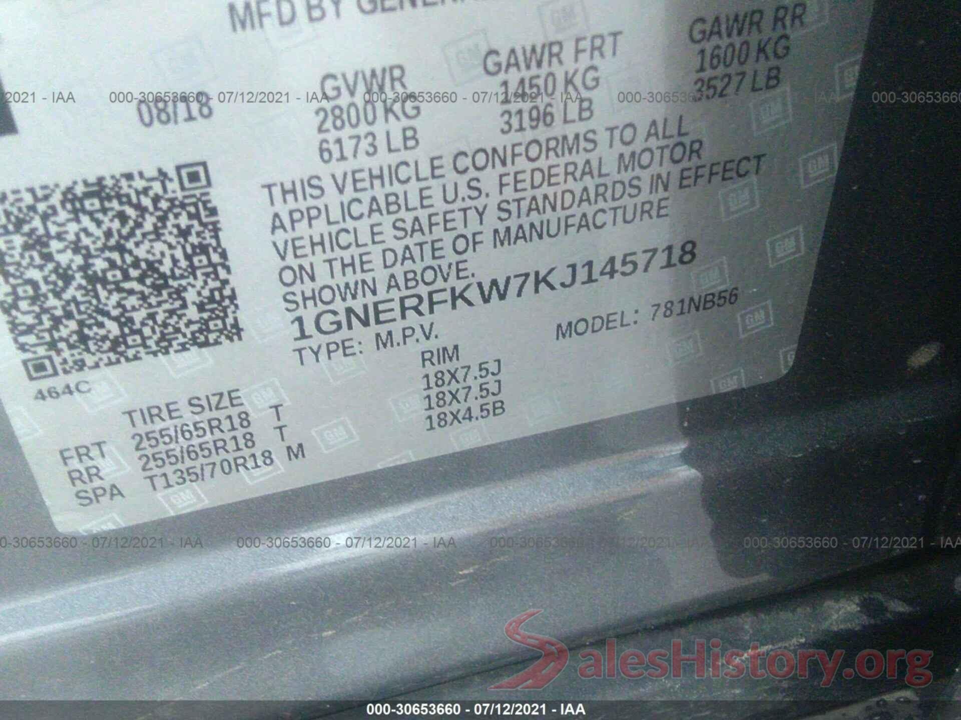 1GNERFKW7KJ145718 2019 CHEVROLET TRAVERSE