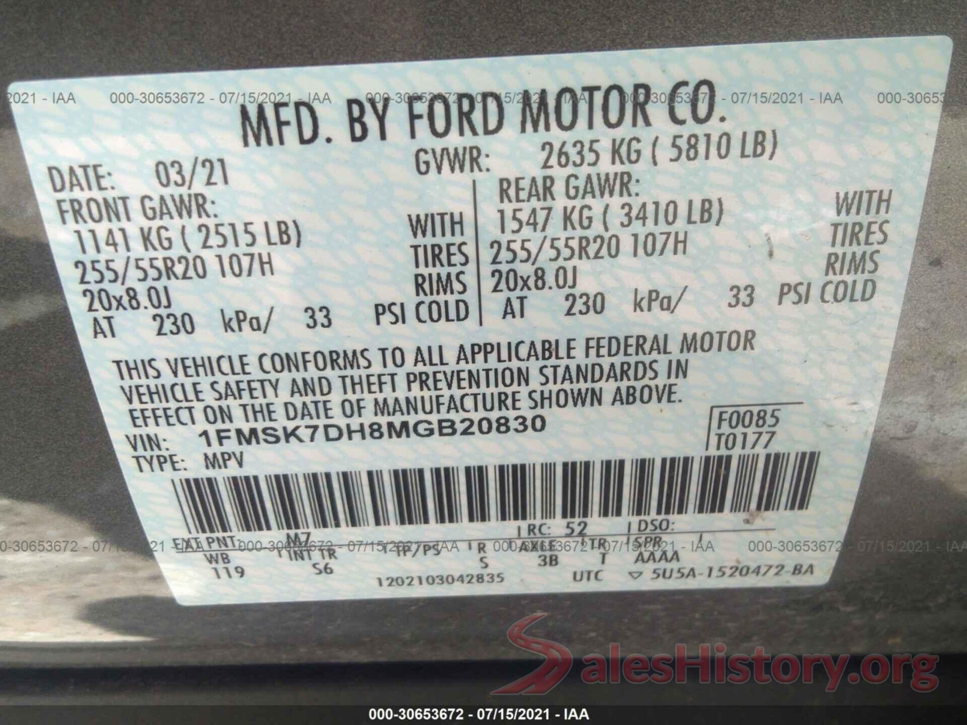 1FMSK7DH8MGB20830 2021 FORD EXPLORER