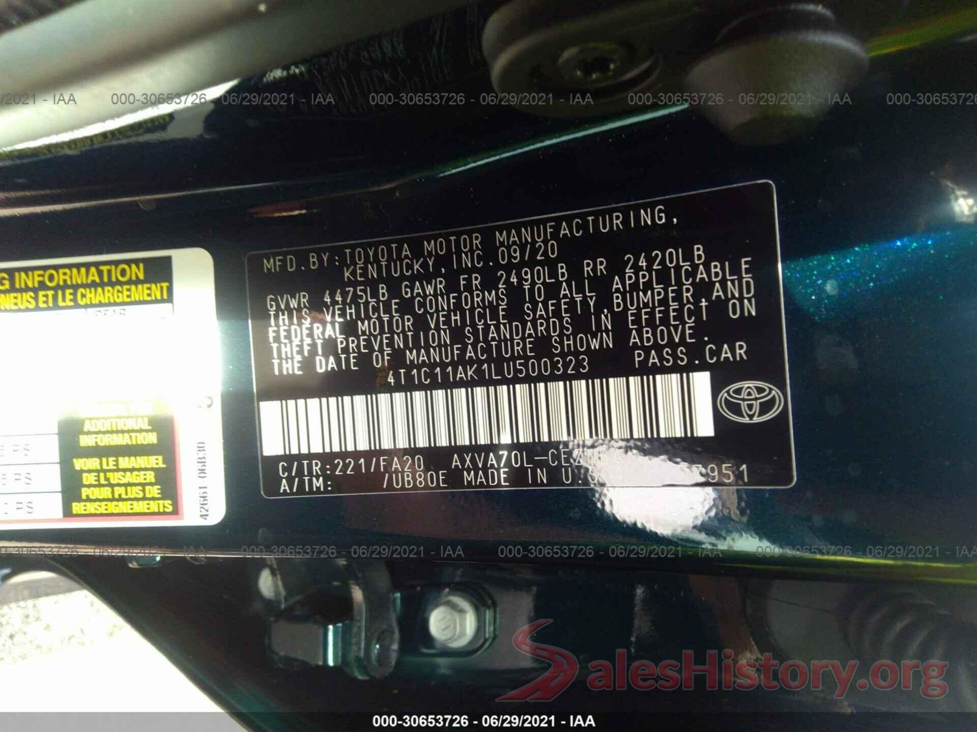 4T1C11AK1LU500323 2020 TOYOTA CAMRY