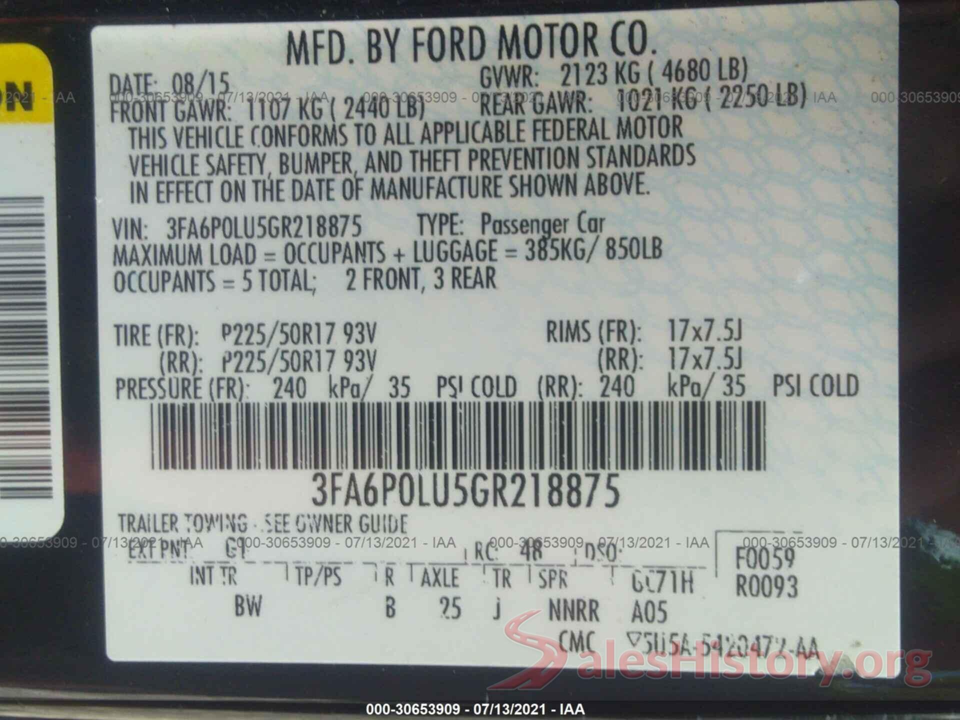 3FA6P0LU5GR218875 2016 FORD FUSION