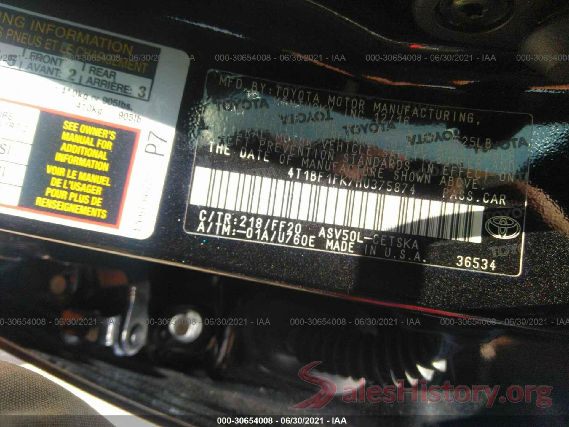 4T1BF1FK7HU375874 2017 TOYOTA CAMRY