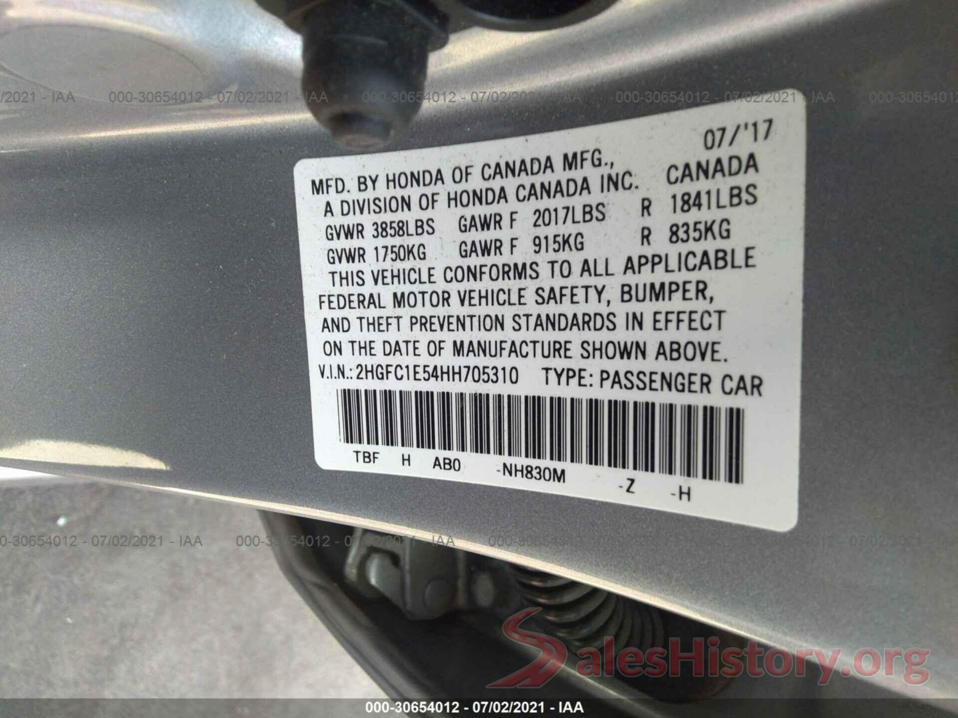 2HGFC1E54HH705310 2017 HONDA CIVIC SEDAN