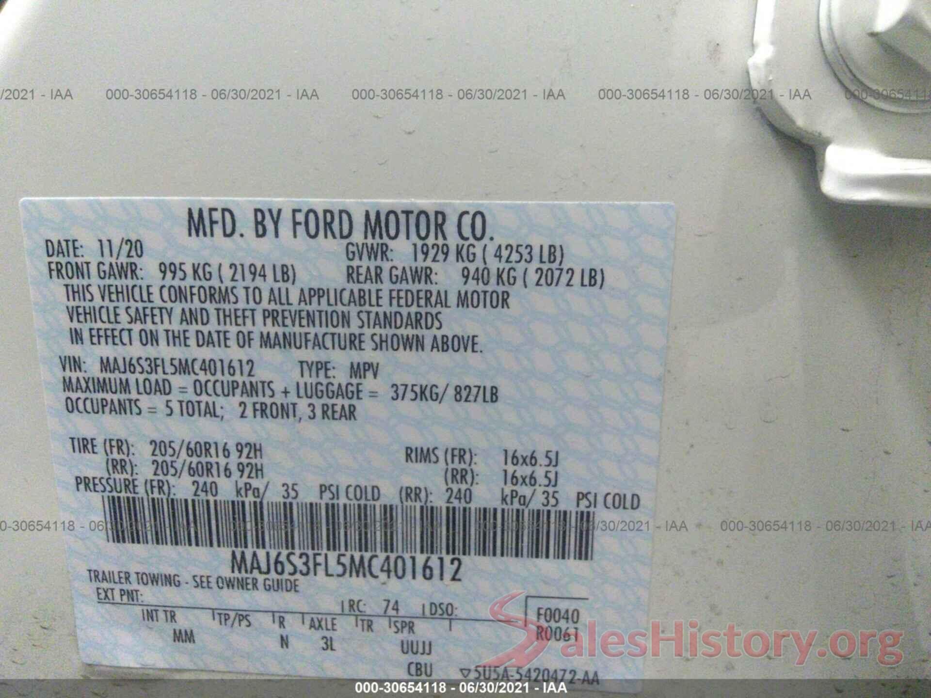 MAJ6S3FL5MC401612 2021 FORD ECOSPORT