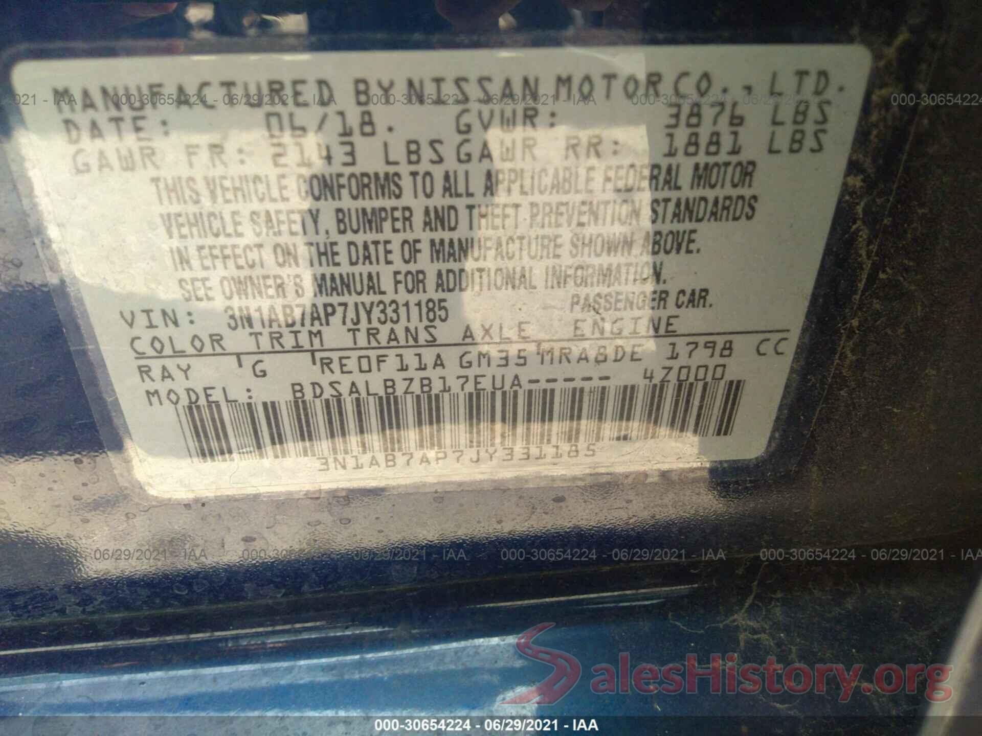 3N1AB7AP7JY331185 2018 NISSAN SENTRA