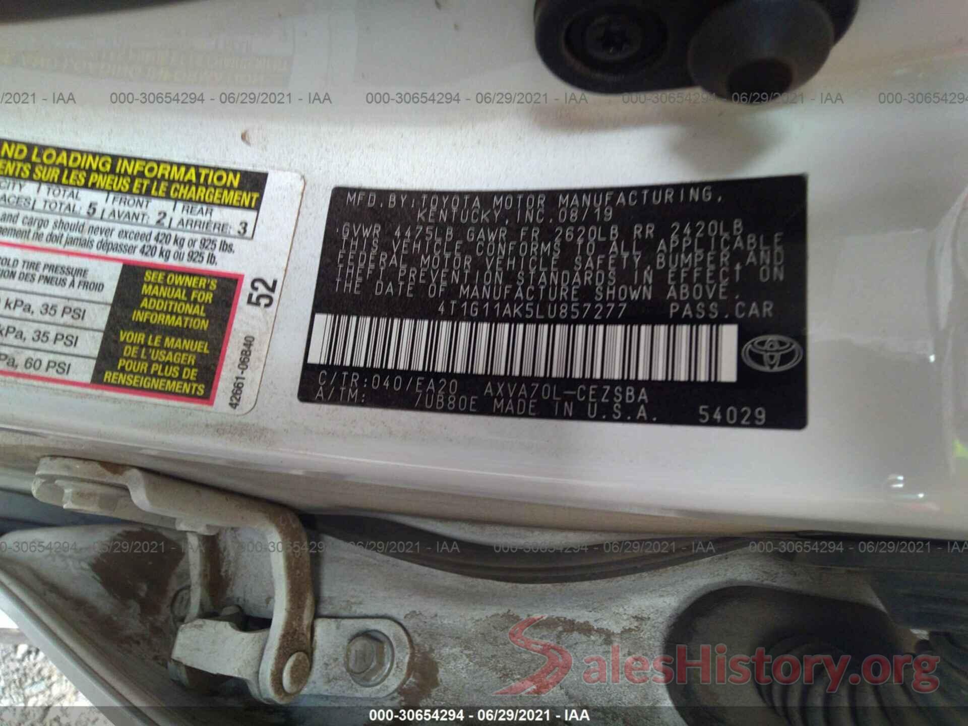 4T1G11AK5LU857277 2020 TOYOTA CAMRY