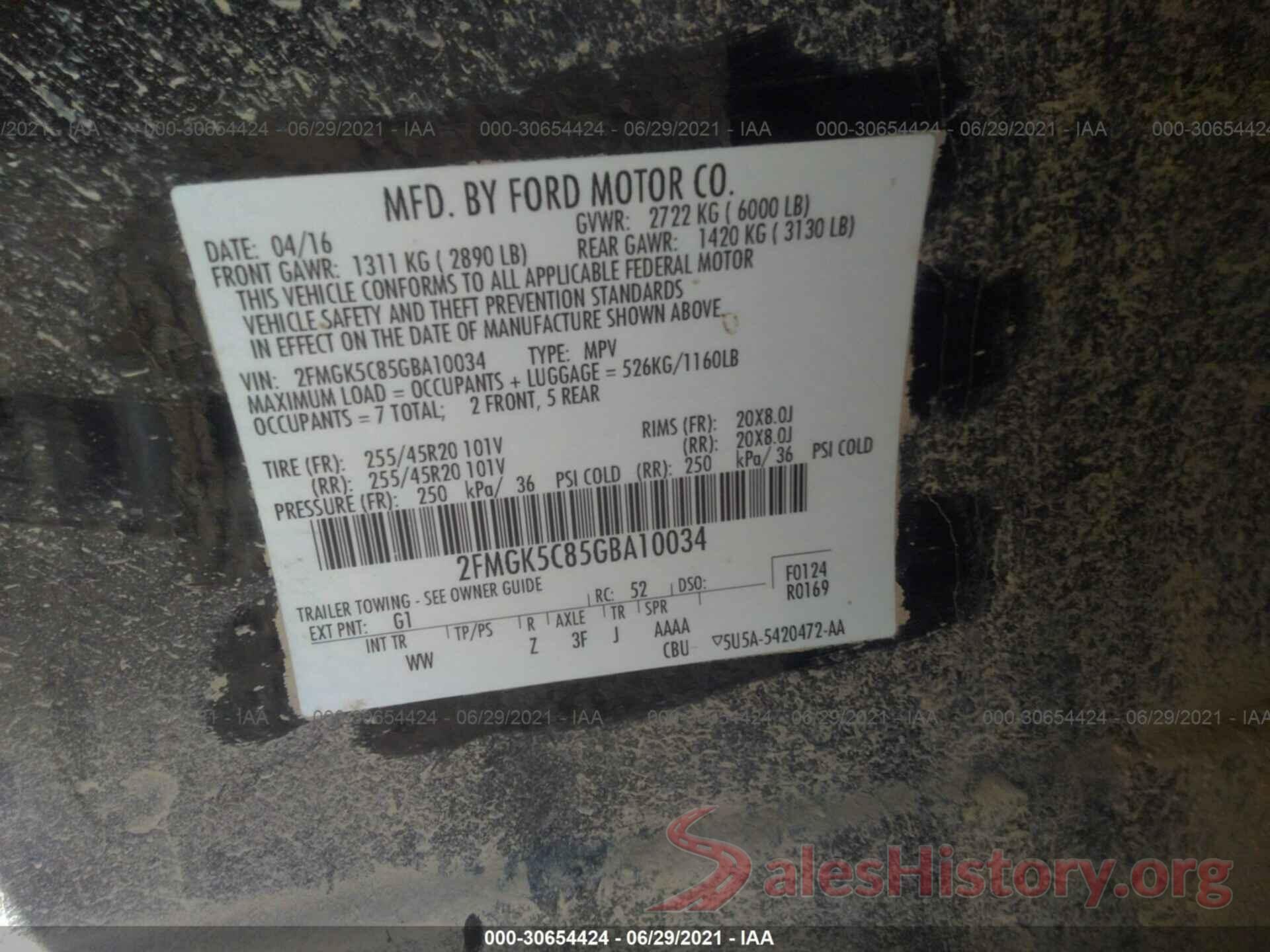 2FMGK5C85GBA10034 2016 FORD FLEX