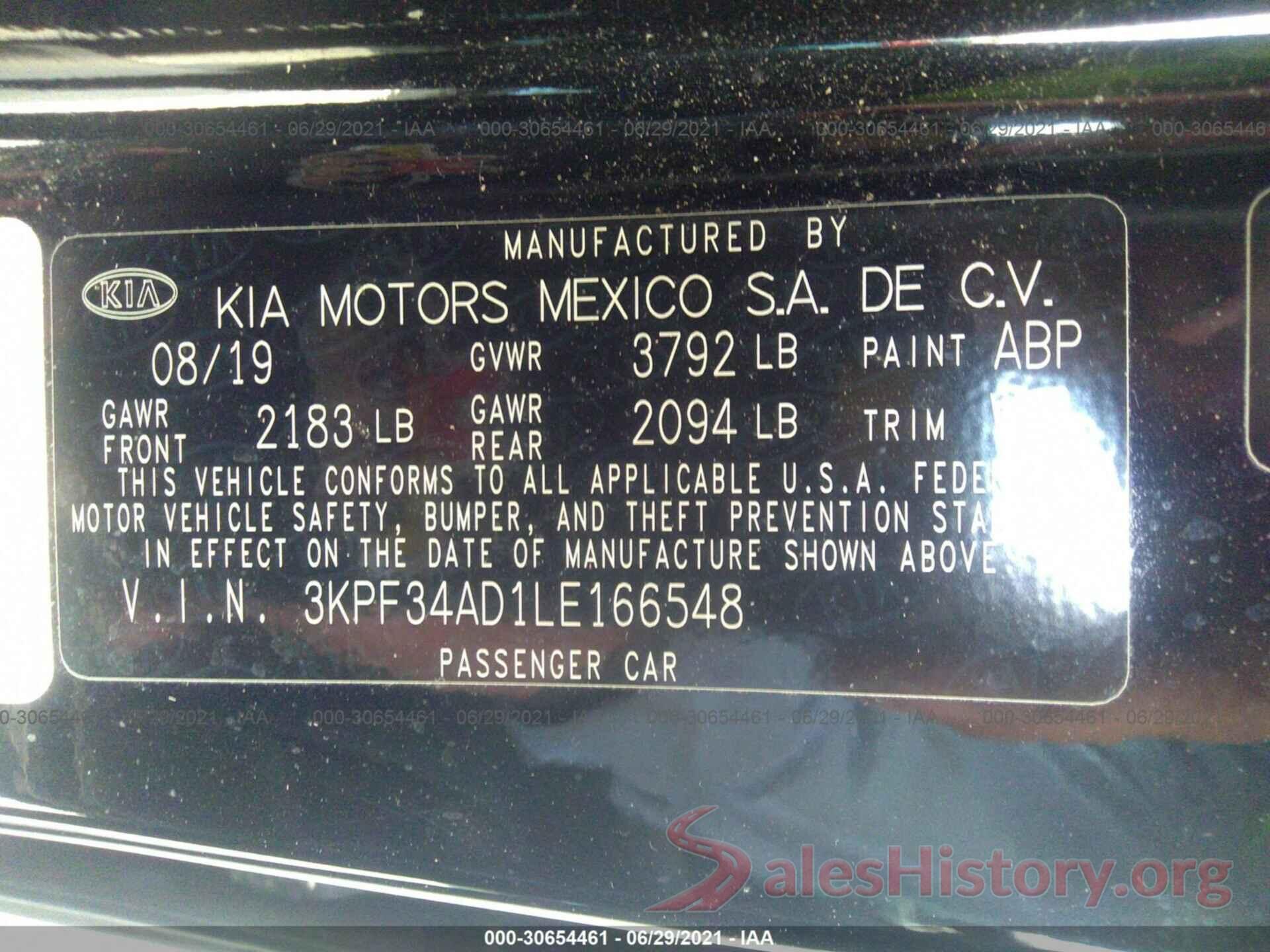 3KPF34AD1LE166548 2020 KIA FORTE