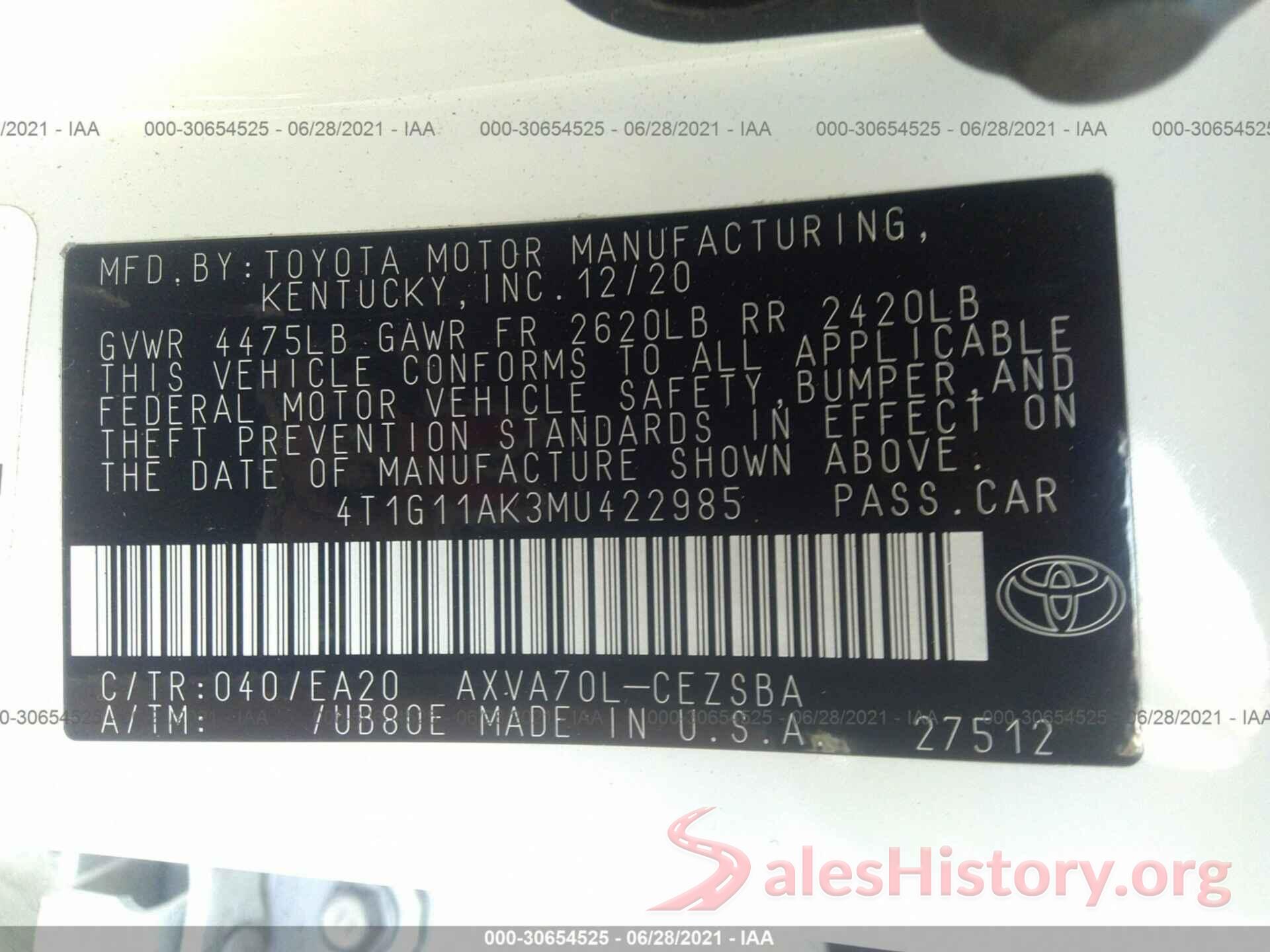 4T1G11AK3MU422985 2021 TOYOTA CAMRY