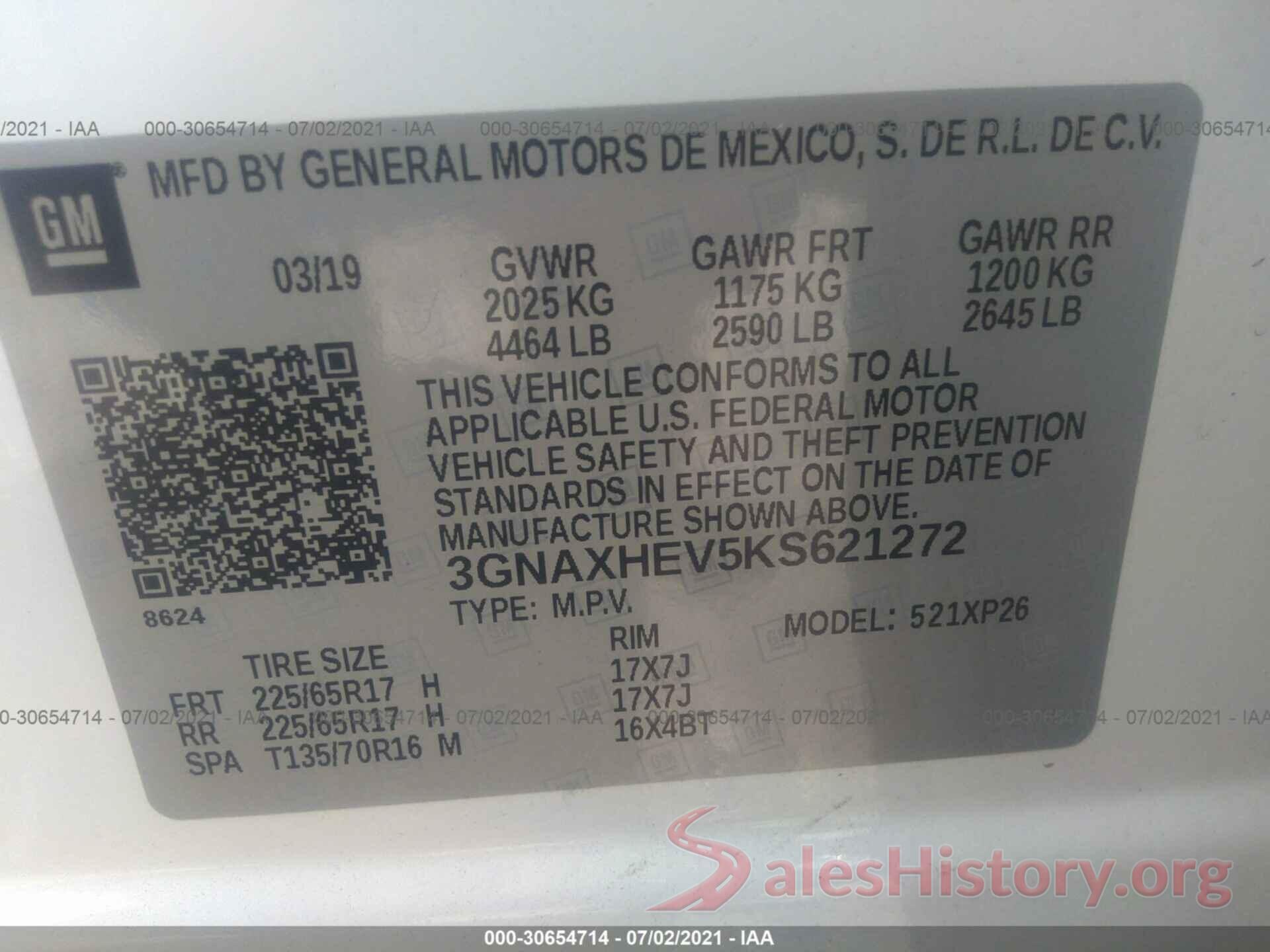 3GNAXHEV5KS621272 2019 CHEVROLET EQUINOX