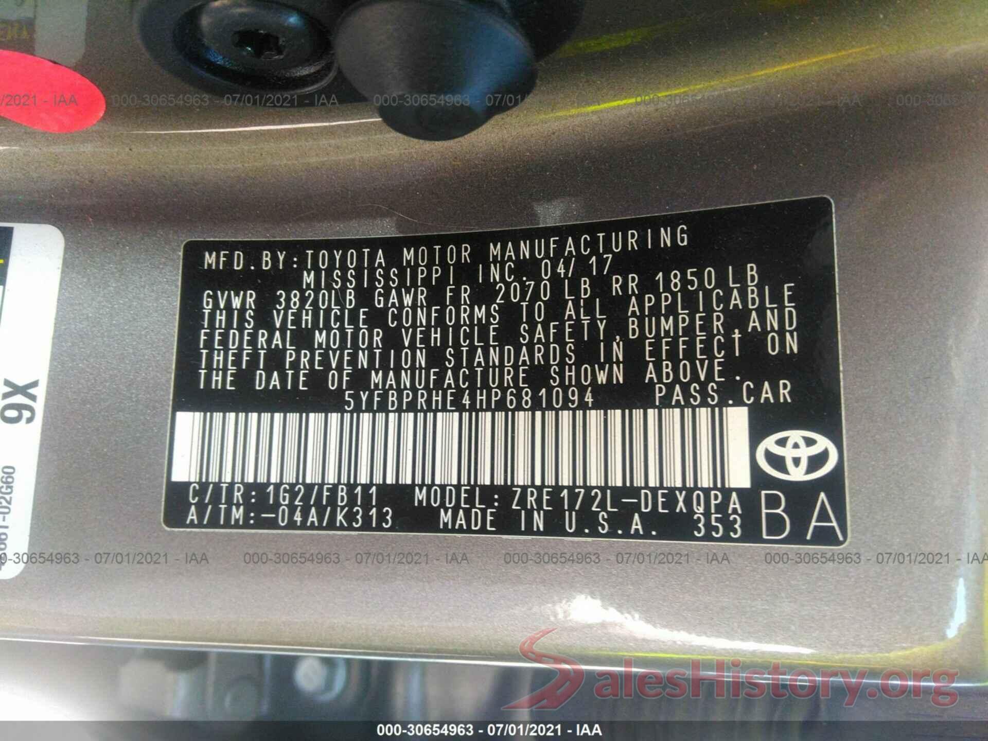 5YFBPRHE4HP681094 2017 TOYOTA COROLLA