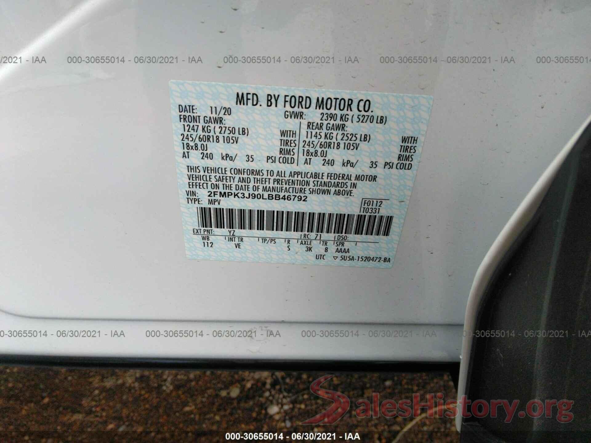 2FMPK3J90LBB46792 2020 FORD EDGE