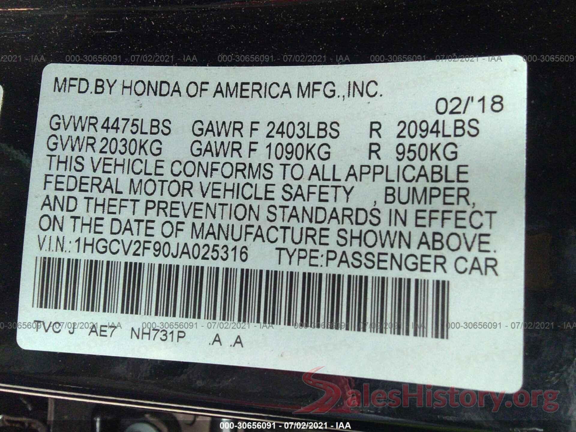 1HGCV2F90JA025316 2018 HONDA ACCORD SEDAN