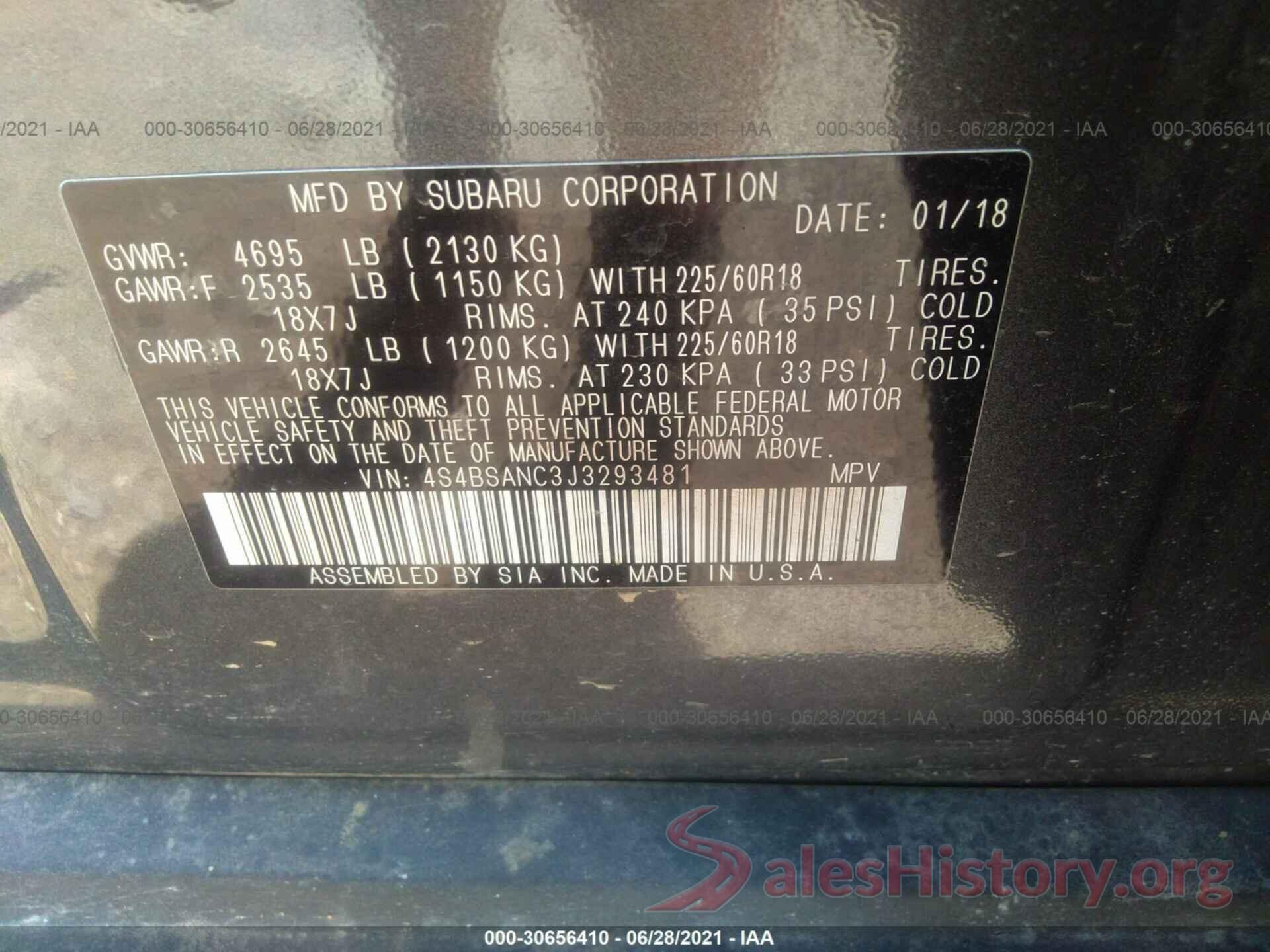 4S4BSANC3J3293481 2018 SUBARU OUTBACK