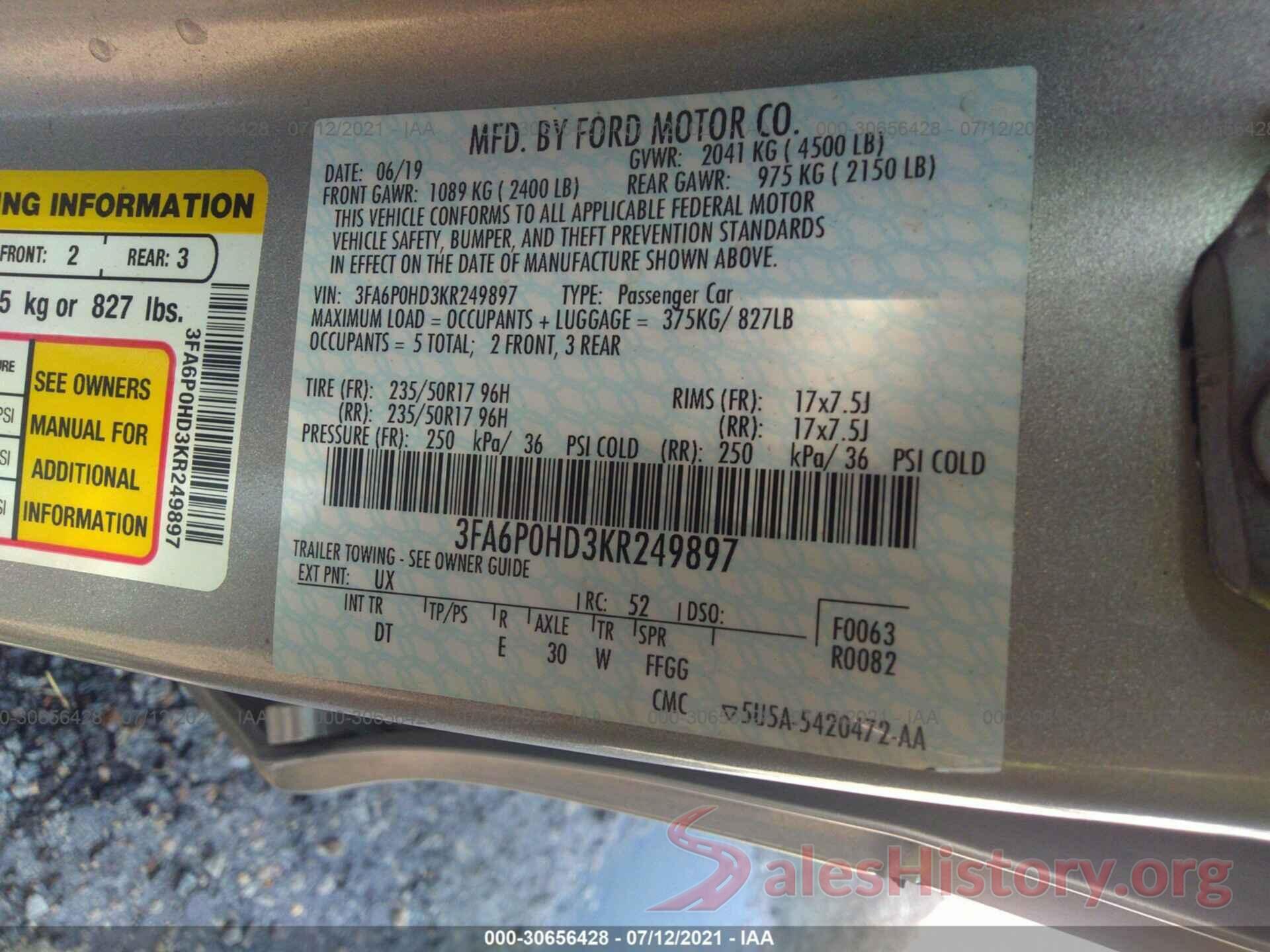 3FA6P0HD3KR249897 2019 FORD FUSION