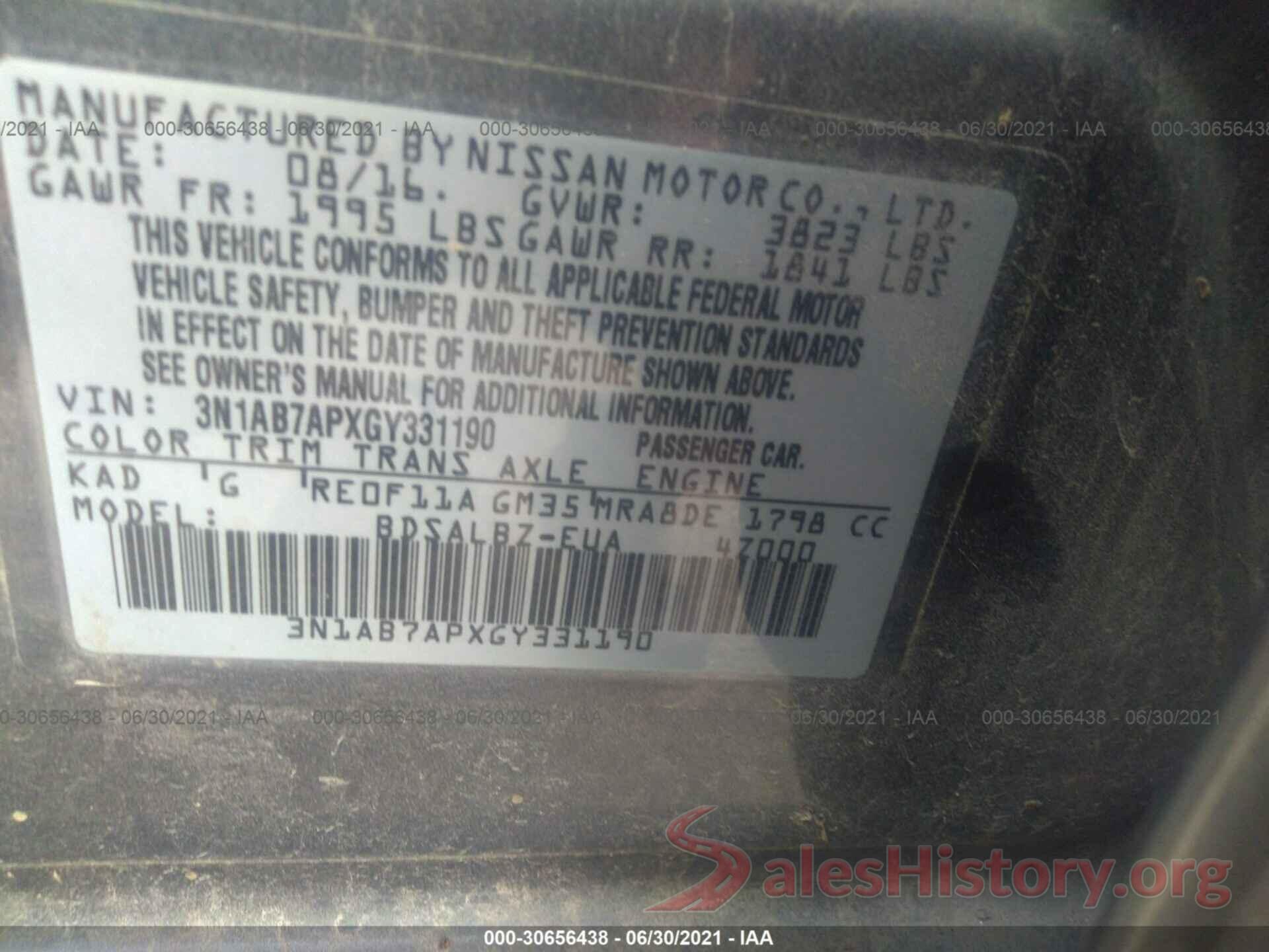 3N1AB7APXGY331190 2016 NISSAN SENTRA