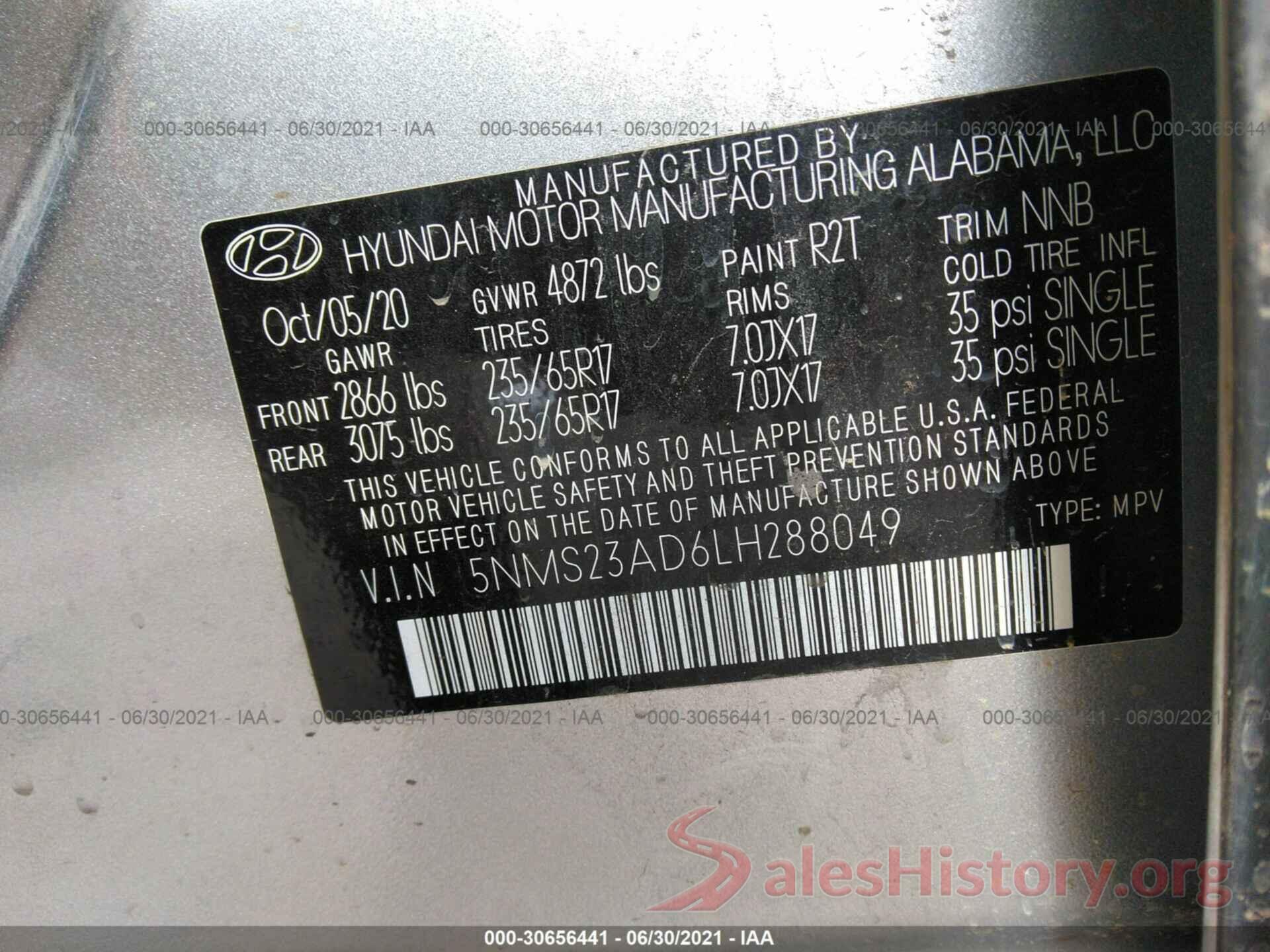 5NMS23AD6LH288049 2020 HYUNDAI SANTA FE