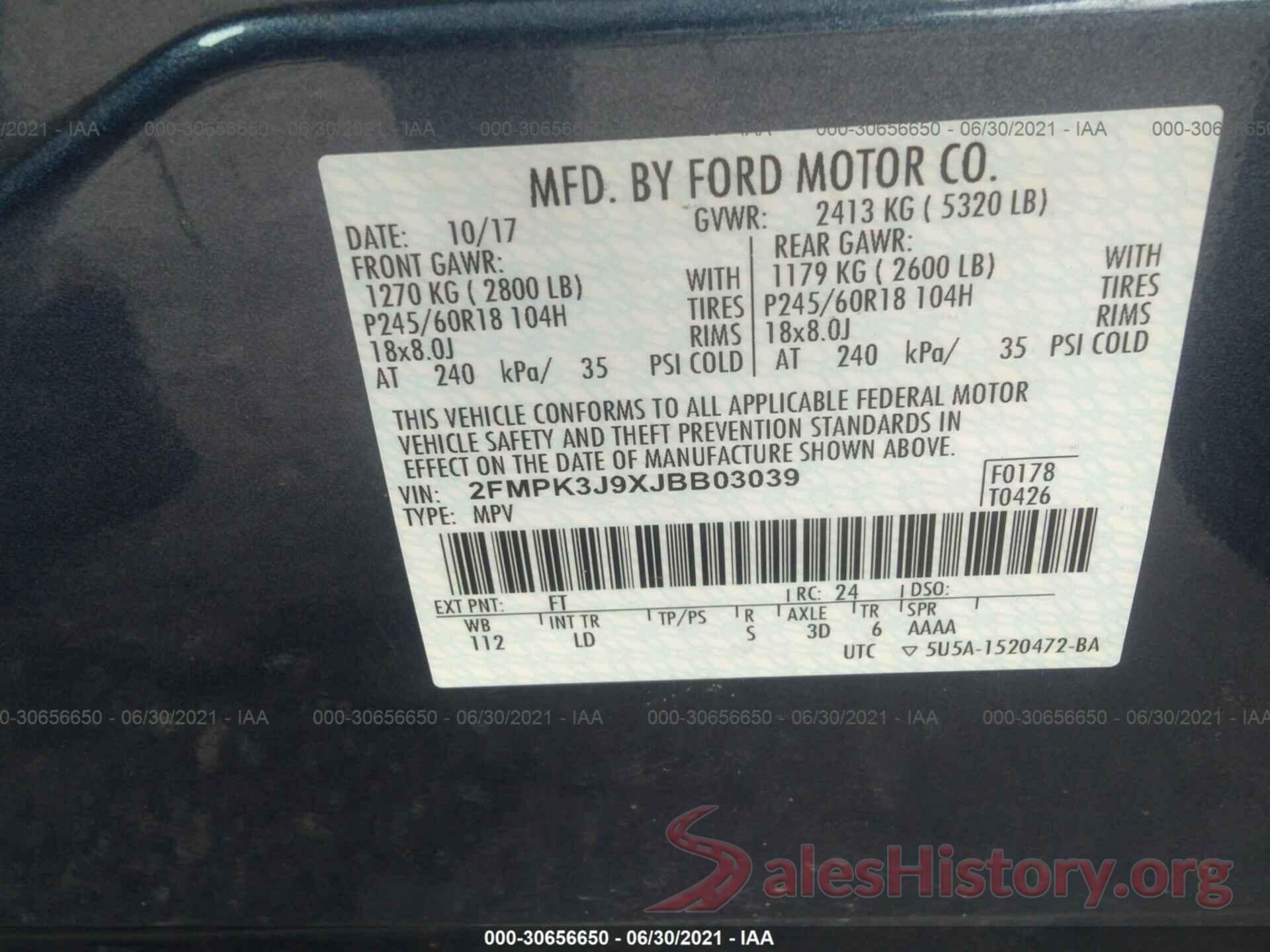 2FMPK3J9XJBB03039 2018 FORD EDGE