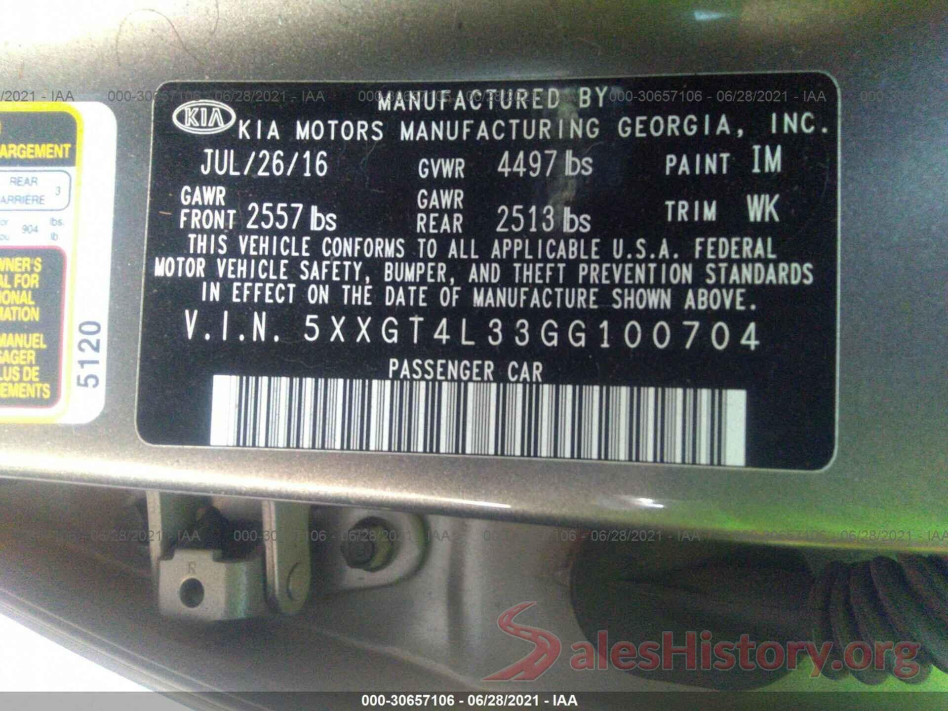 5XXGT4L33GG100704 2016 KIA OPTIMA