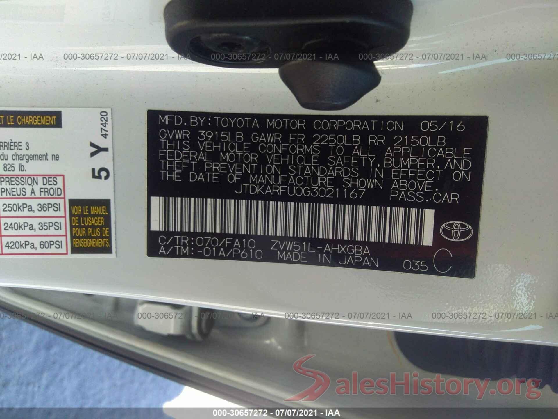 JTDKARFU0G3021167 2016 TOYOTA PRIUS