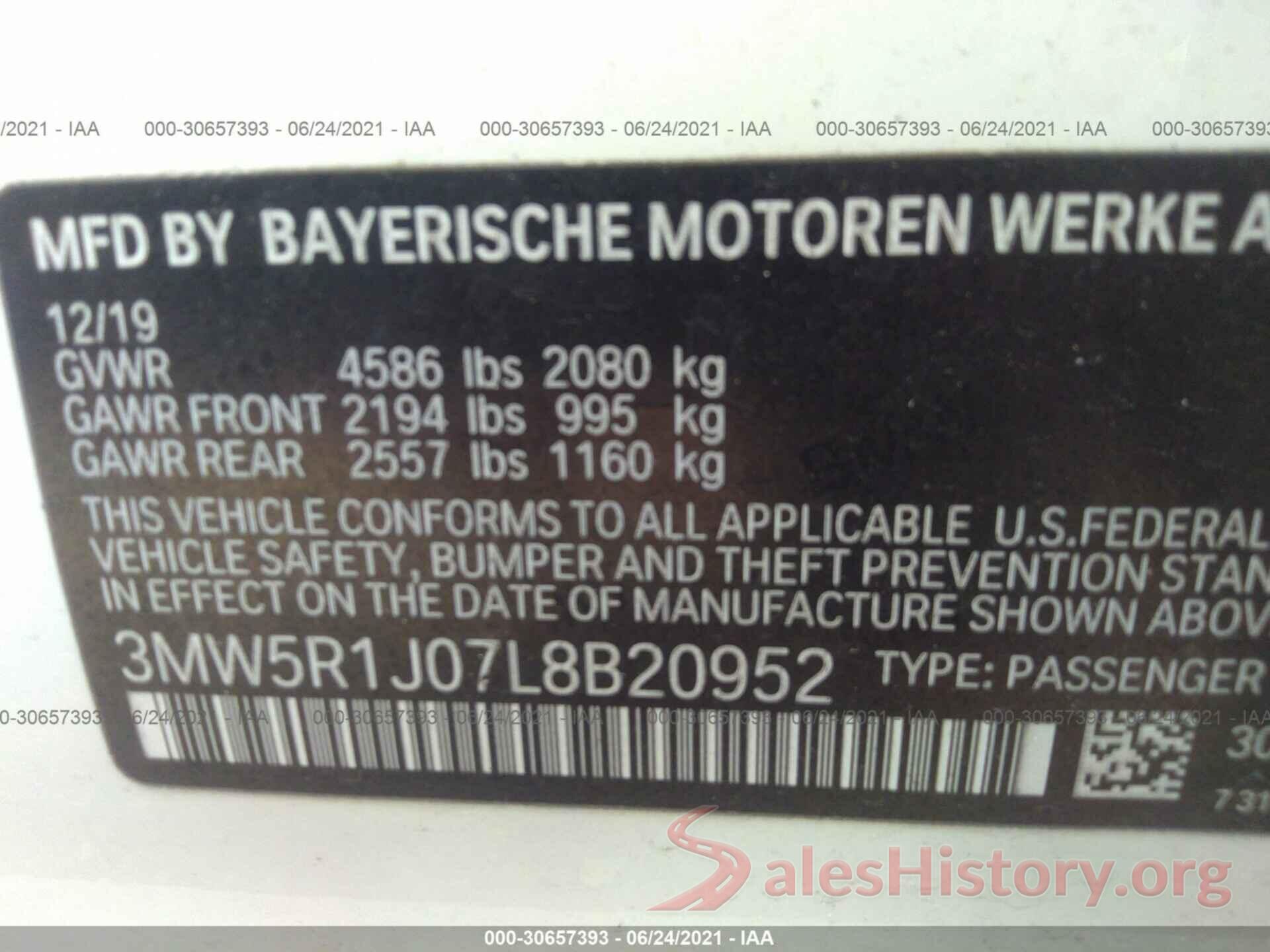 3MW5R1J07L8B20952 2020 BMW 3 SERIES