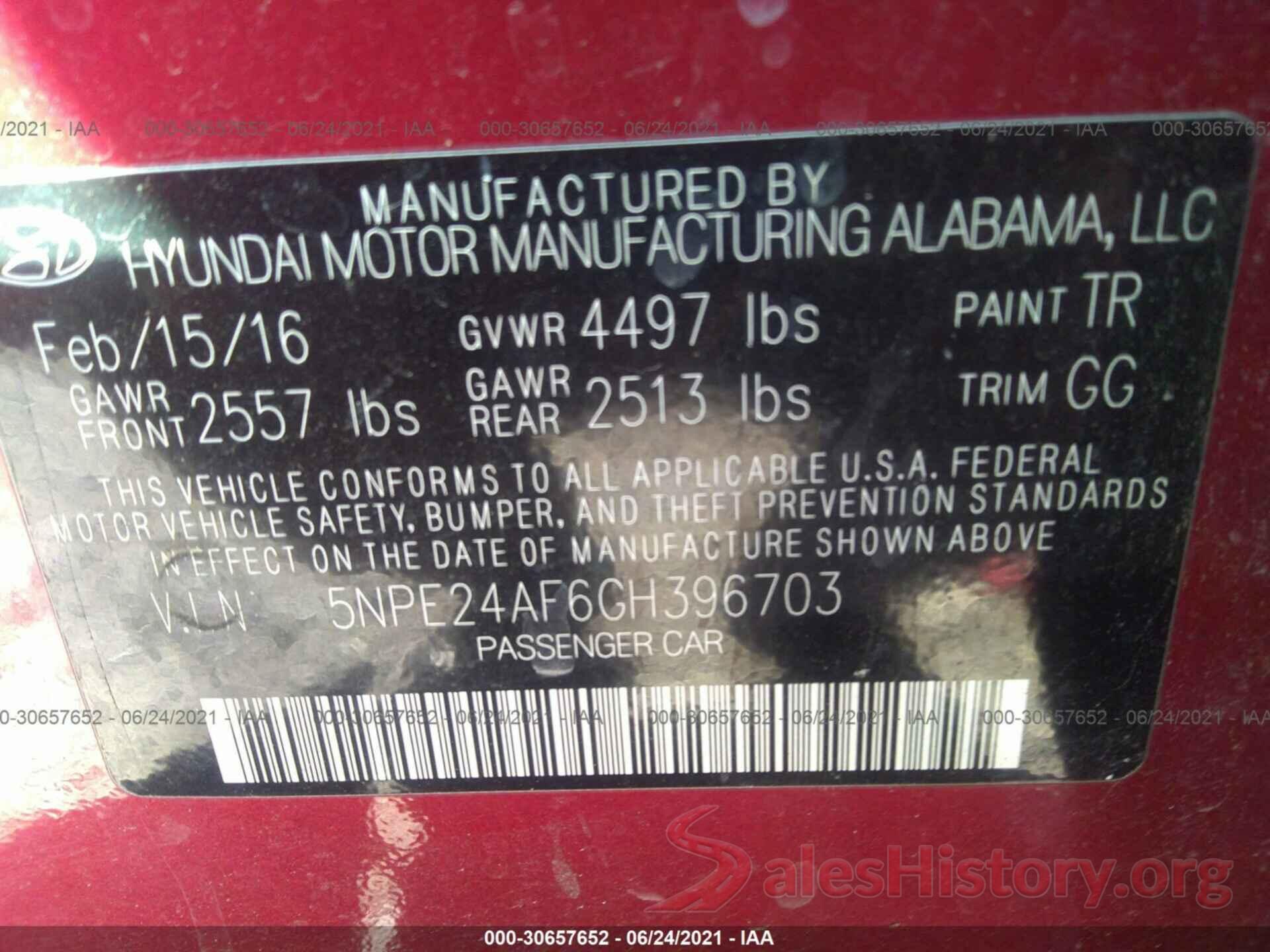 5NPE24AF6GH396703 2016 HYUNDAI SONATA