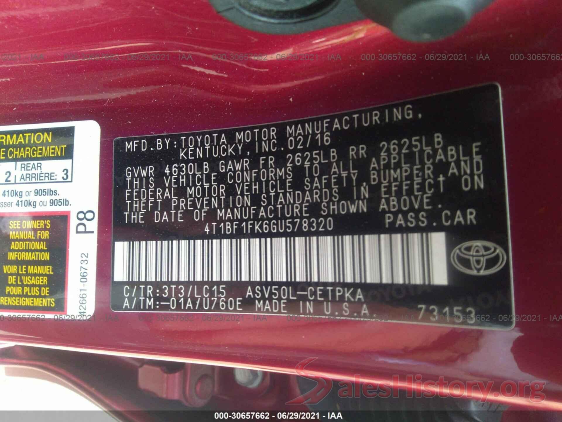 4T1BF1FK6GU578320 2016 TOYOTA CAMRY