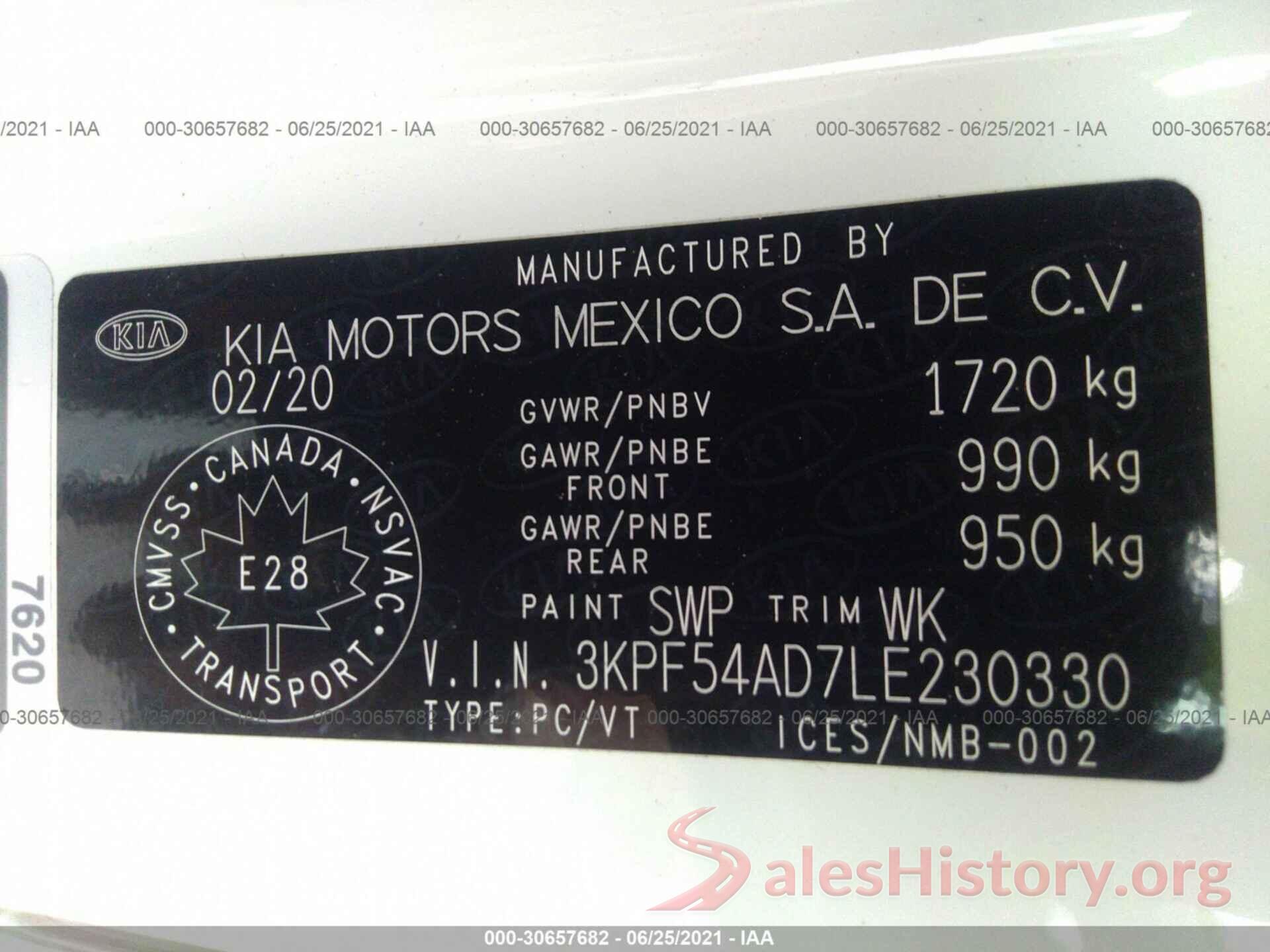 3KPF54AD7LE230330 2020 KIA FORTE