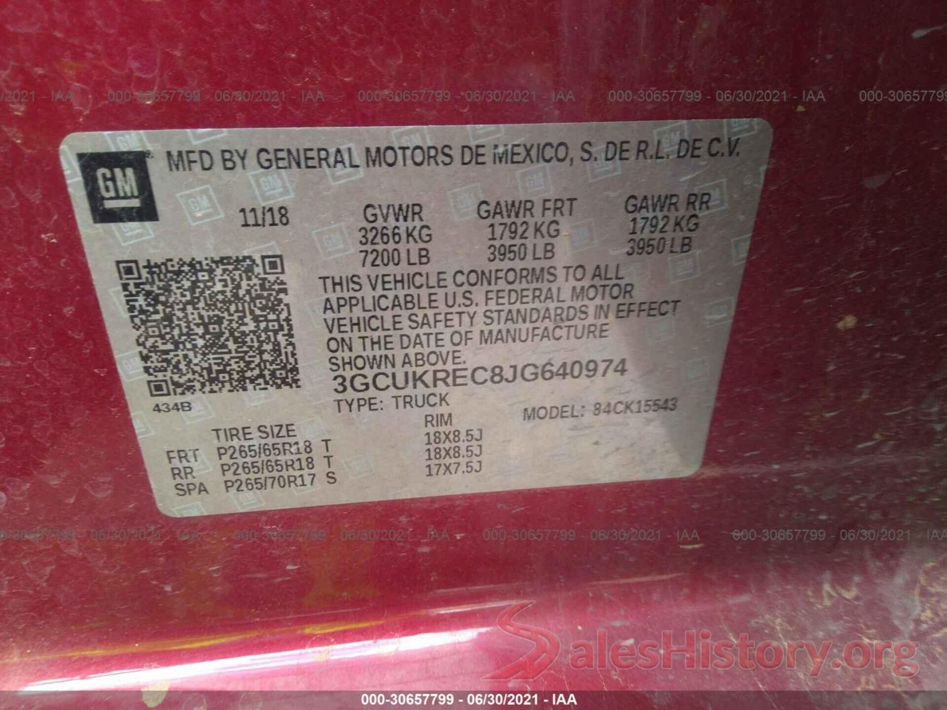 3GCUKREC8JG640974 2018 CHEVROLET SILVERADO 1500