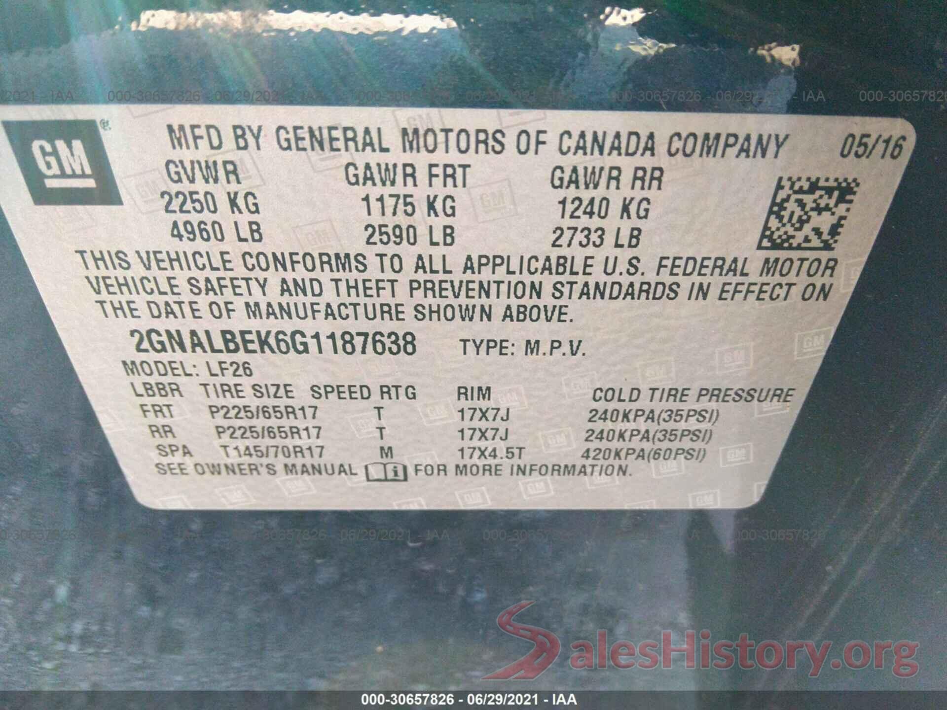 2GNALBEK6G1187638 2016 CHEVROLET EQUINOX