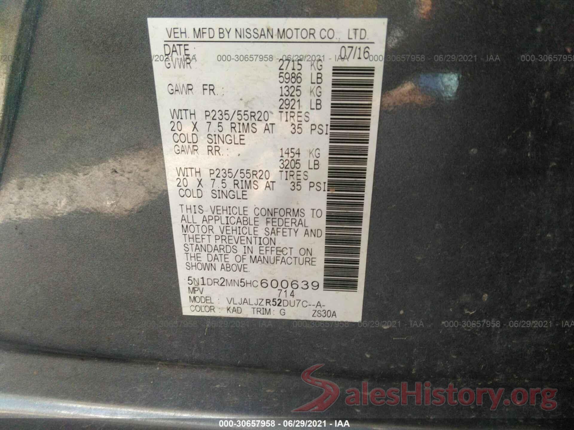 5N1DR2MN5HC600639 2017 NISSAN PATHFINDER